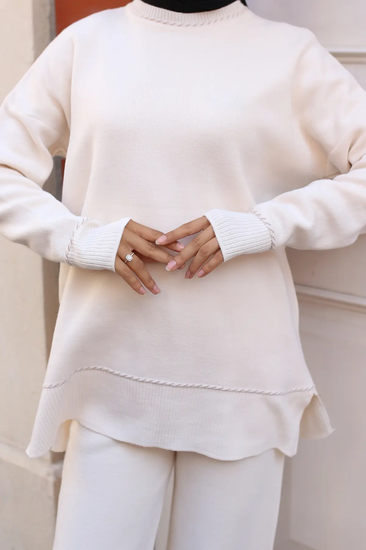 3085 Çizgili Şeritli Triko Takım Ekru-detail