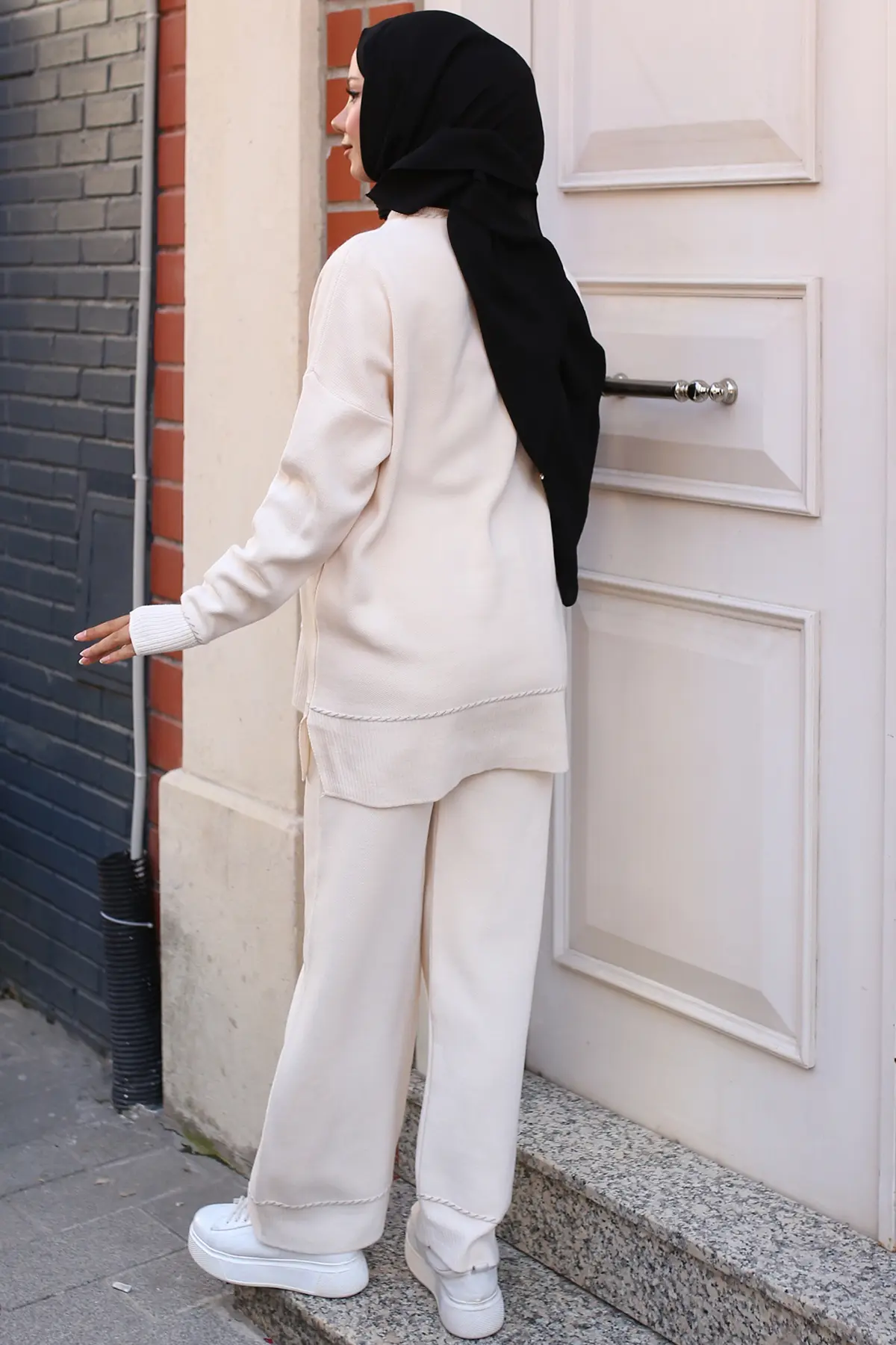 3085 Çizgili Şeritli Triko Takım Ekru-detail