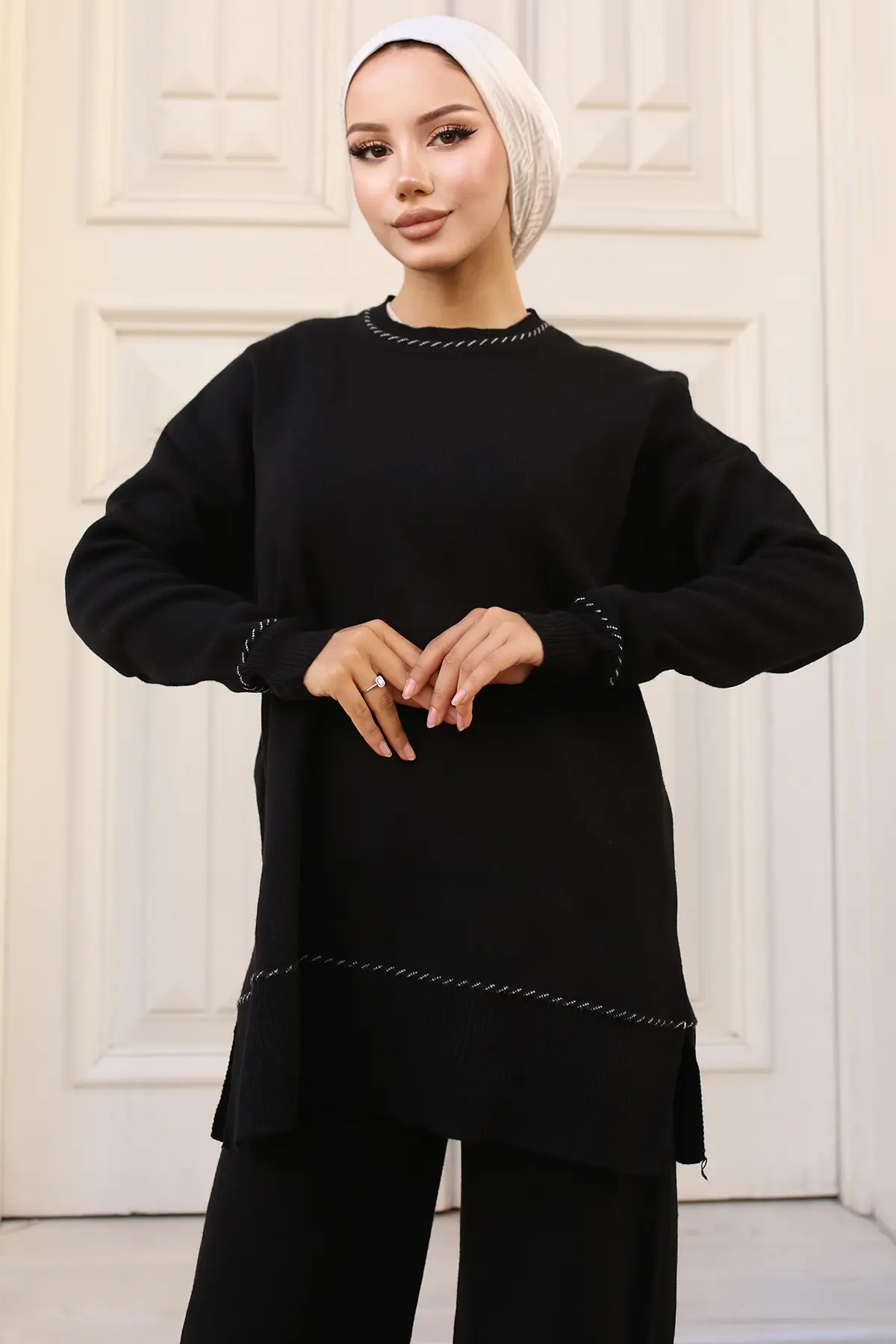 3085 Çizgili Şeritli Triko Takım Siyah-detail