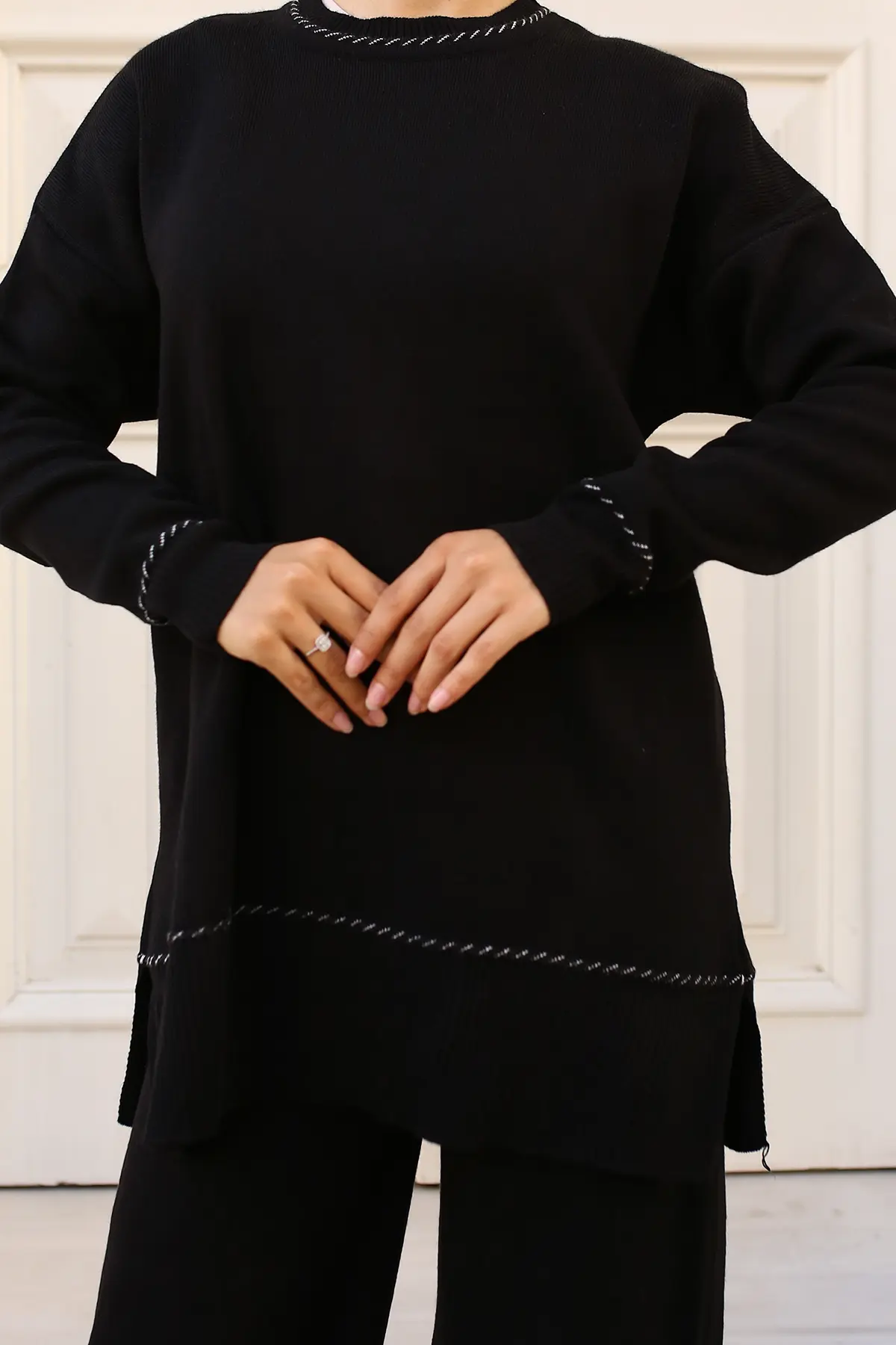 3085 Çizgili Şeritli Triko Takım Siyah-detail