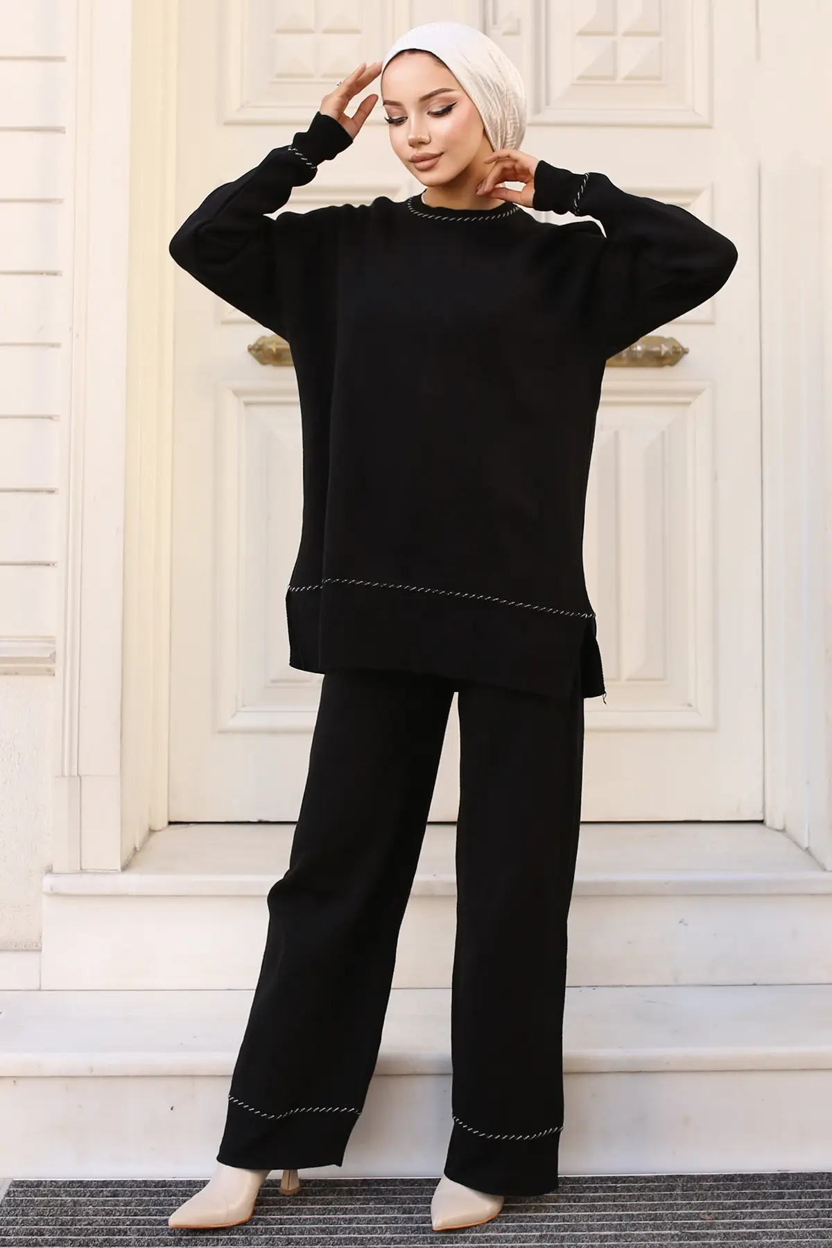 3085 Çizgili Şeritli Triko Takım Siyah-detail