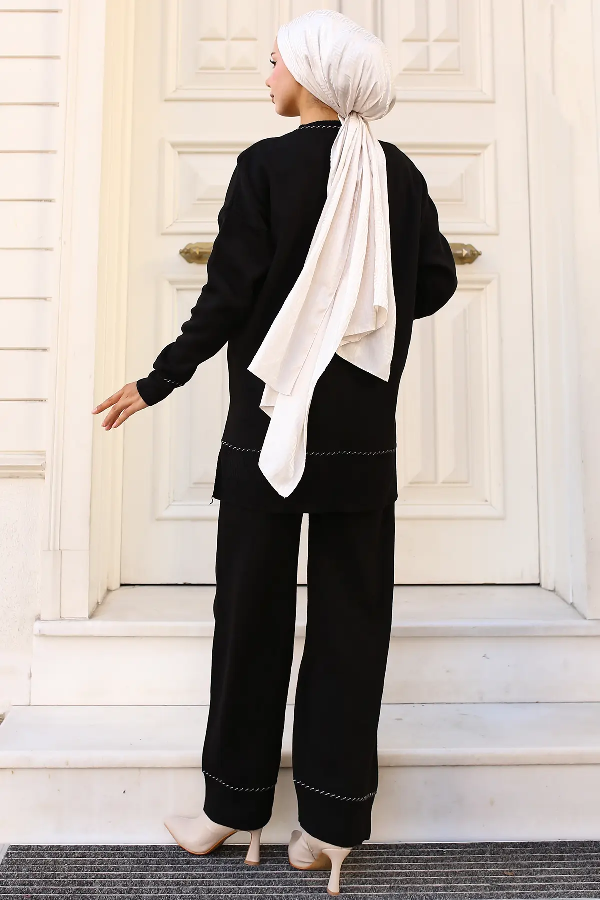 3085 Çizgili Şeritli Triko Takım Siyah-detail