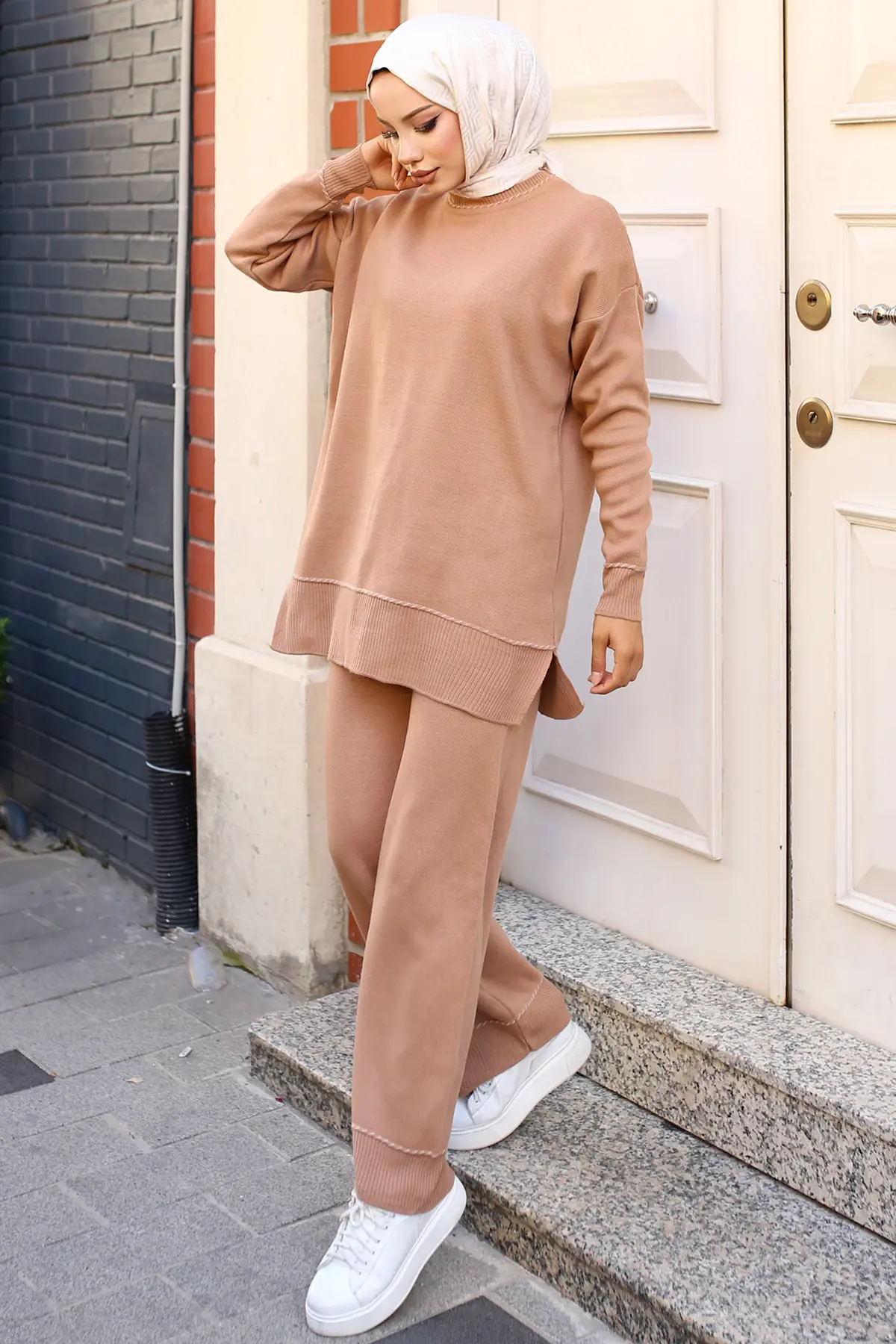 3085 Çizgili Şeritli Triko Takım Vizon-detail