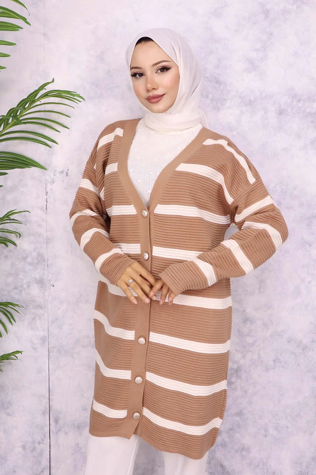 3090 Fitilli Çizgili Triko Hırka Vizon-detail