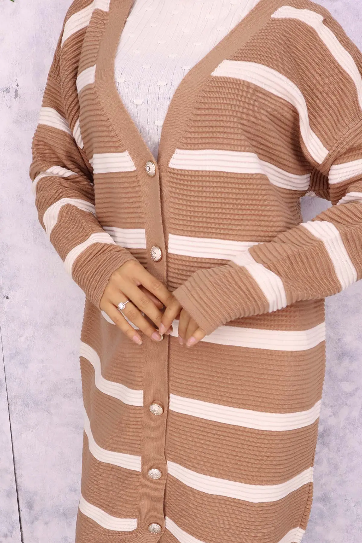 3090 Fitilli Çizgili Triko Hırka Vizon-detail