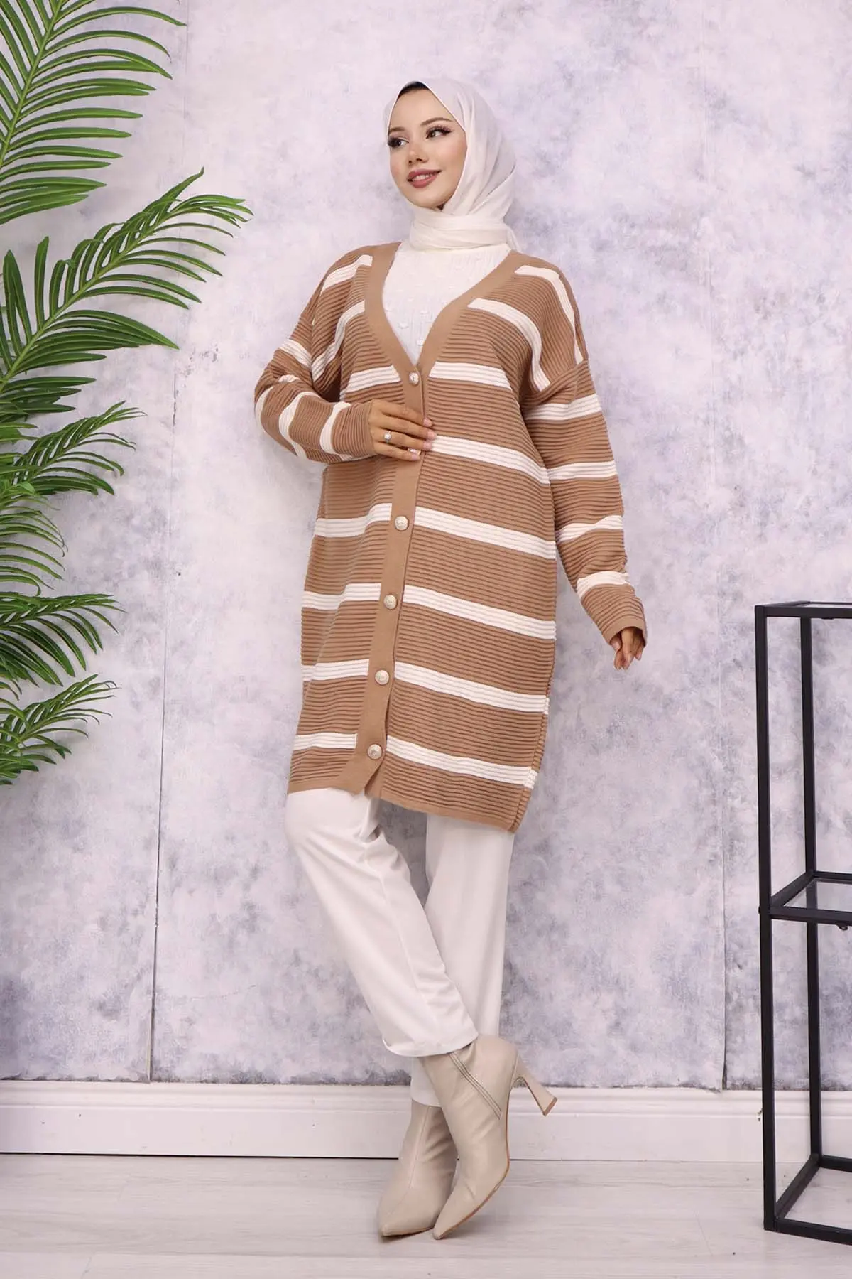 3090 Fitilli Çizgili Triko Hırka Vizon-detail