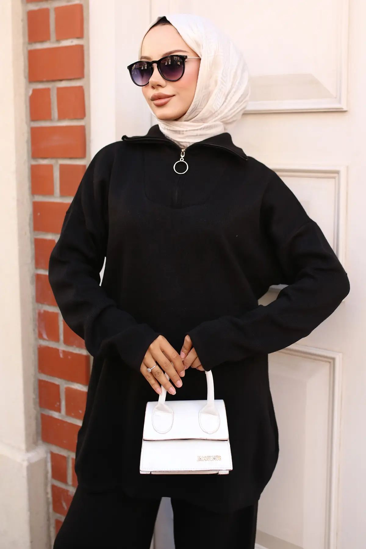 3109 Yakası Fermuarlı Triko Takım Siyah-detail