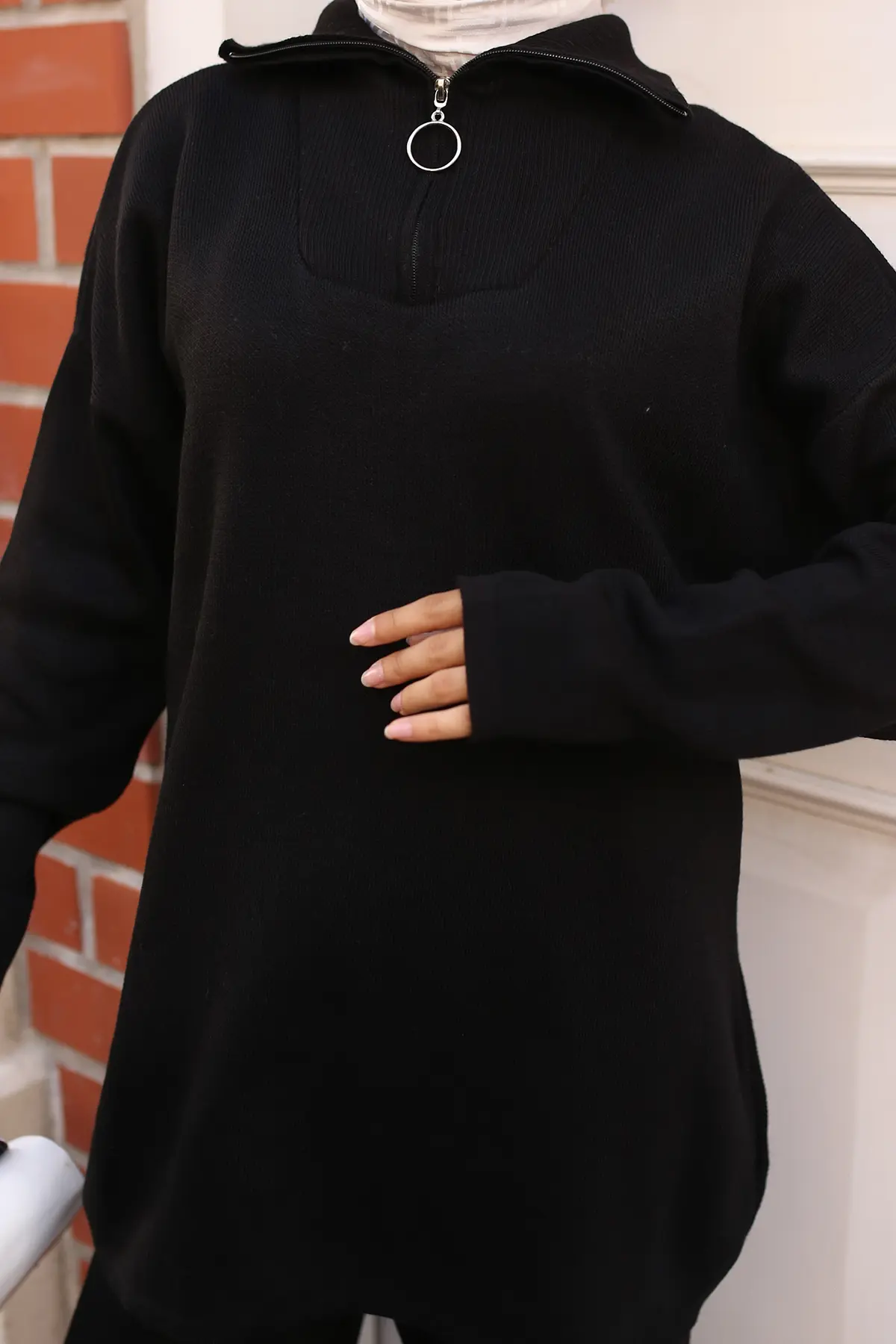 3109 Yakası Fermuarlı Triko Takım Siyah-detail