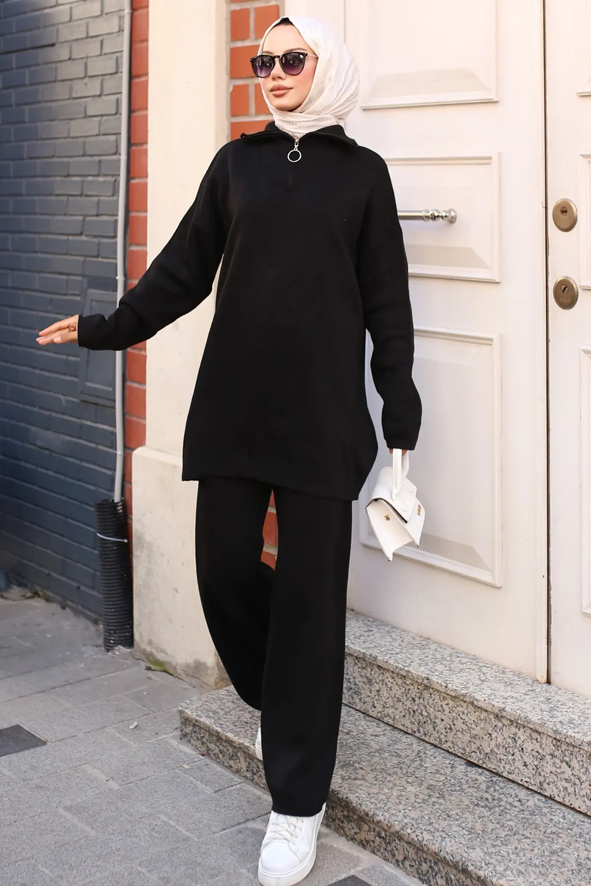 3109 Yakası Fermuarlı Triko Takım Siyah-detail