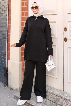 3109 Yakası Fermuarlı Triko Takım Siyah