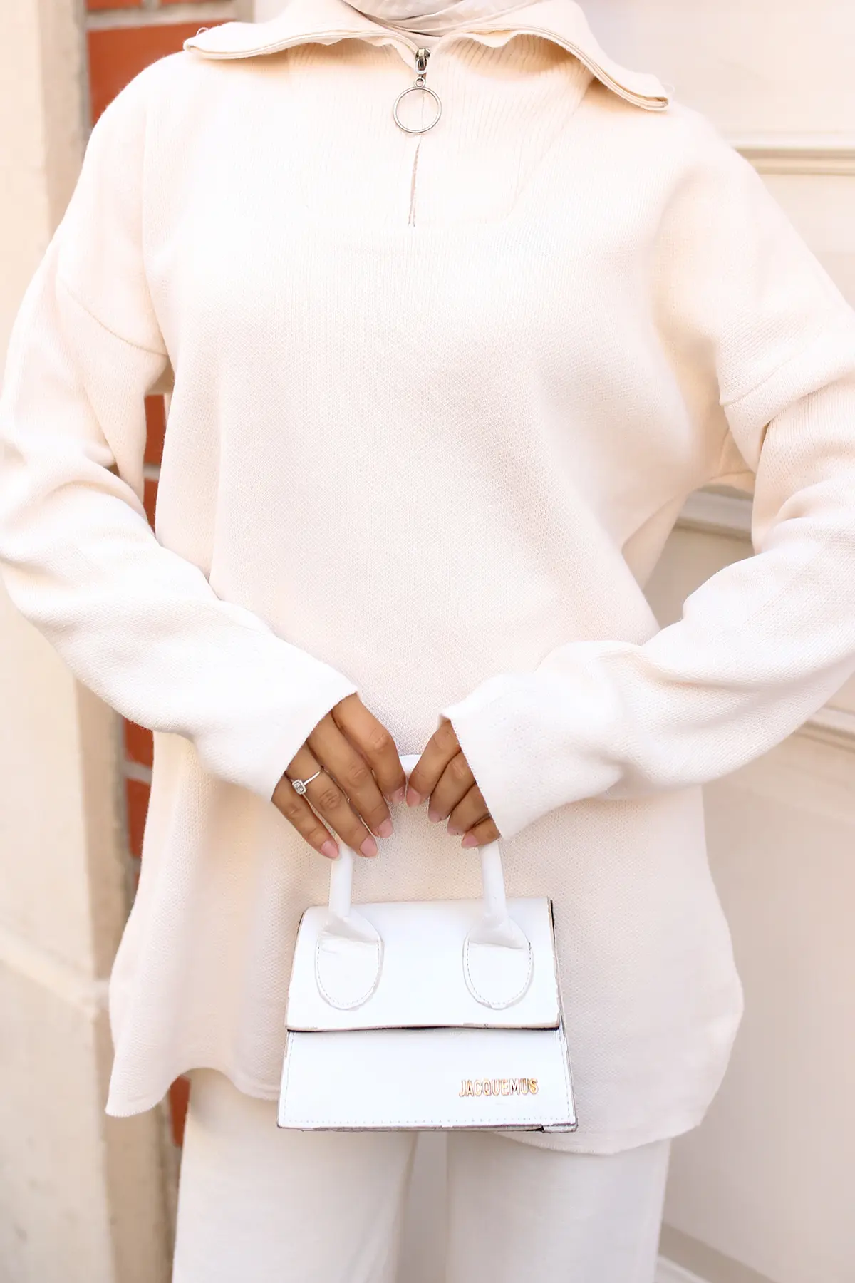 3109 Yakası Fermuarlı Triko Takım Taş Rengi-detail