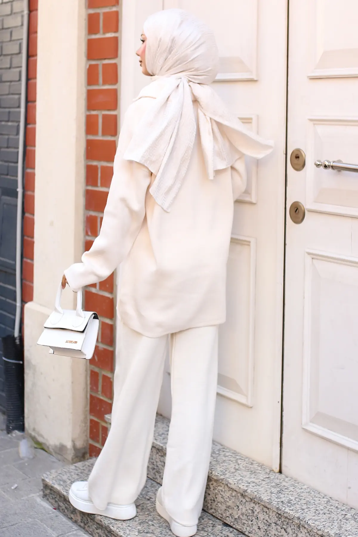 3109 Yakası Fermuarlı Triko Takım Taş Rengi-detail