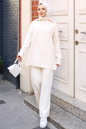 3109 Yakası Fermuarlı Triko Takım Taş Rengi