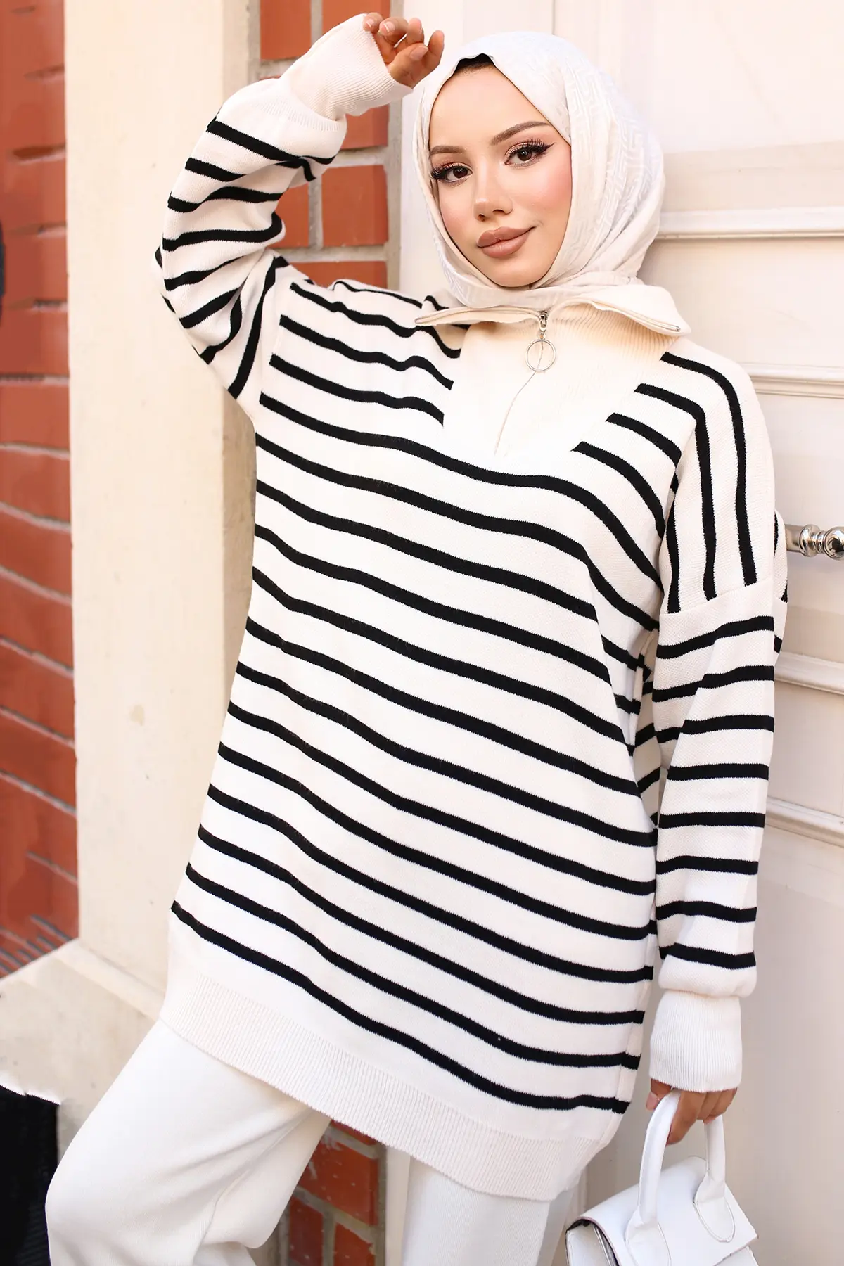 3110 Çizgili Triko Takım Taş Rengi-detail