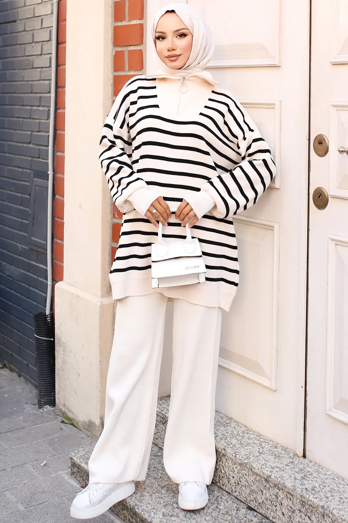 3110 Çizgili Triko Takım Taş Rengi-detail