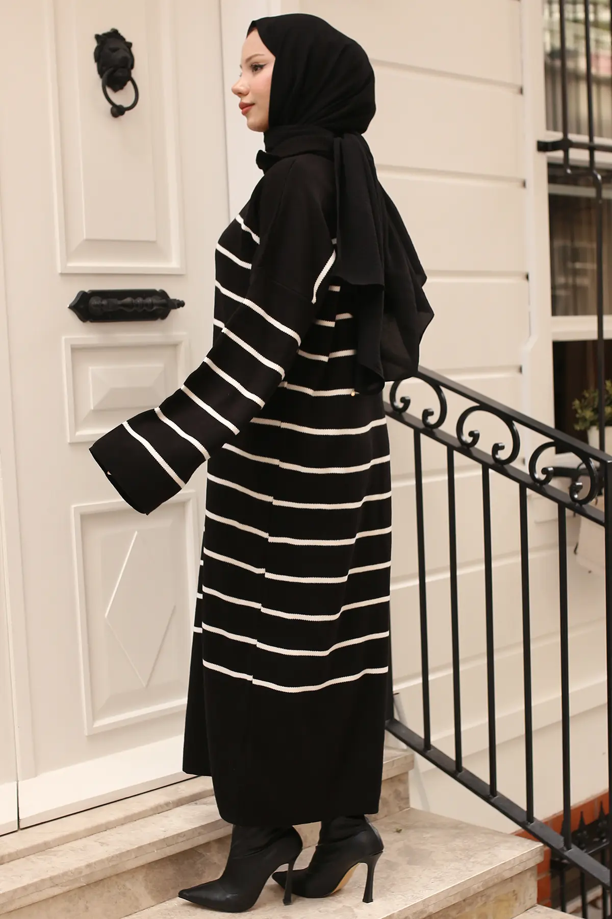 Striped Sweater Dress With Zipper Detail On Collar-detail
