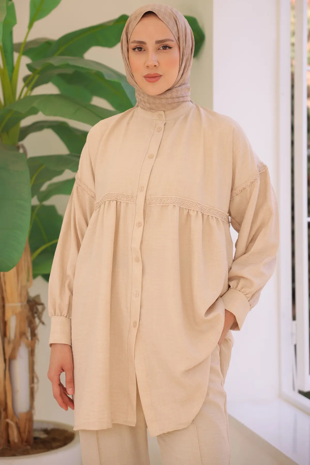 3350 Önden Düğmeli İkili Takım Bej-detail