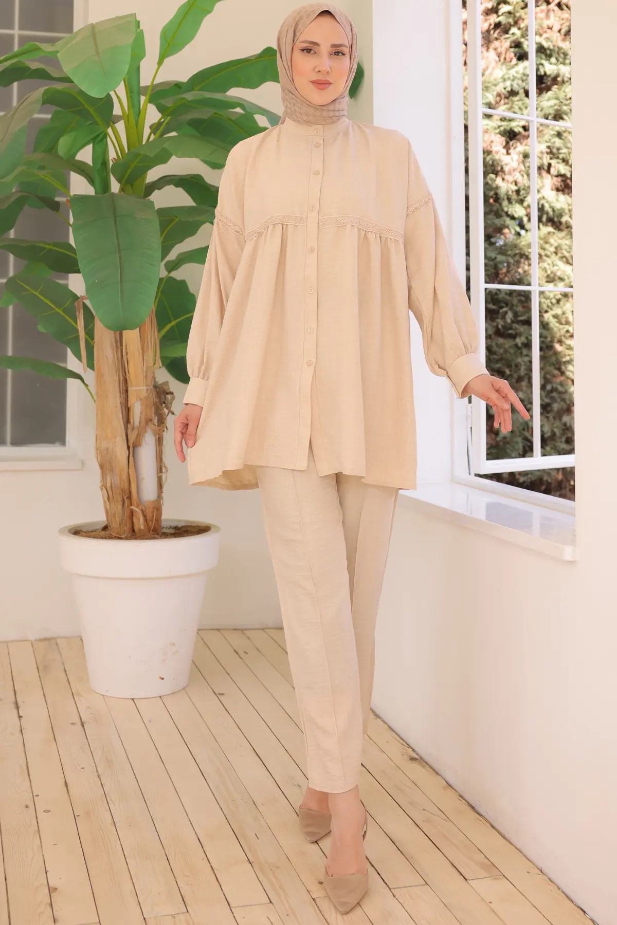 3350 Önden Düğmeli İkili Takım Bej-detail