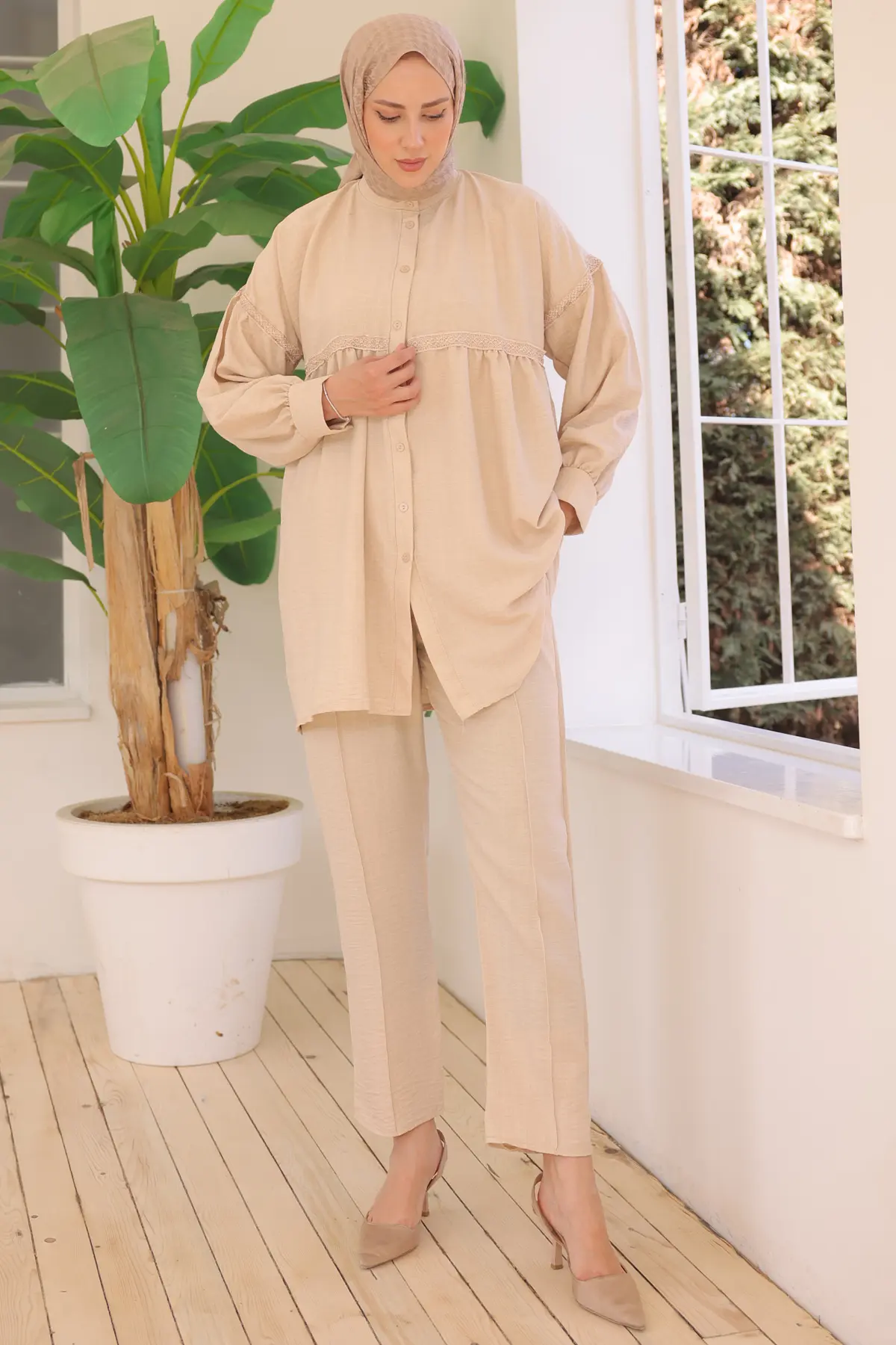 3350 Önden Düğmeli İkili Takım Bej-detail