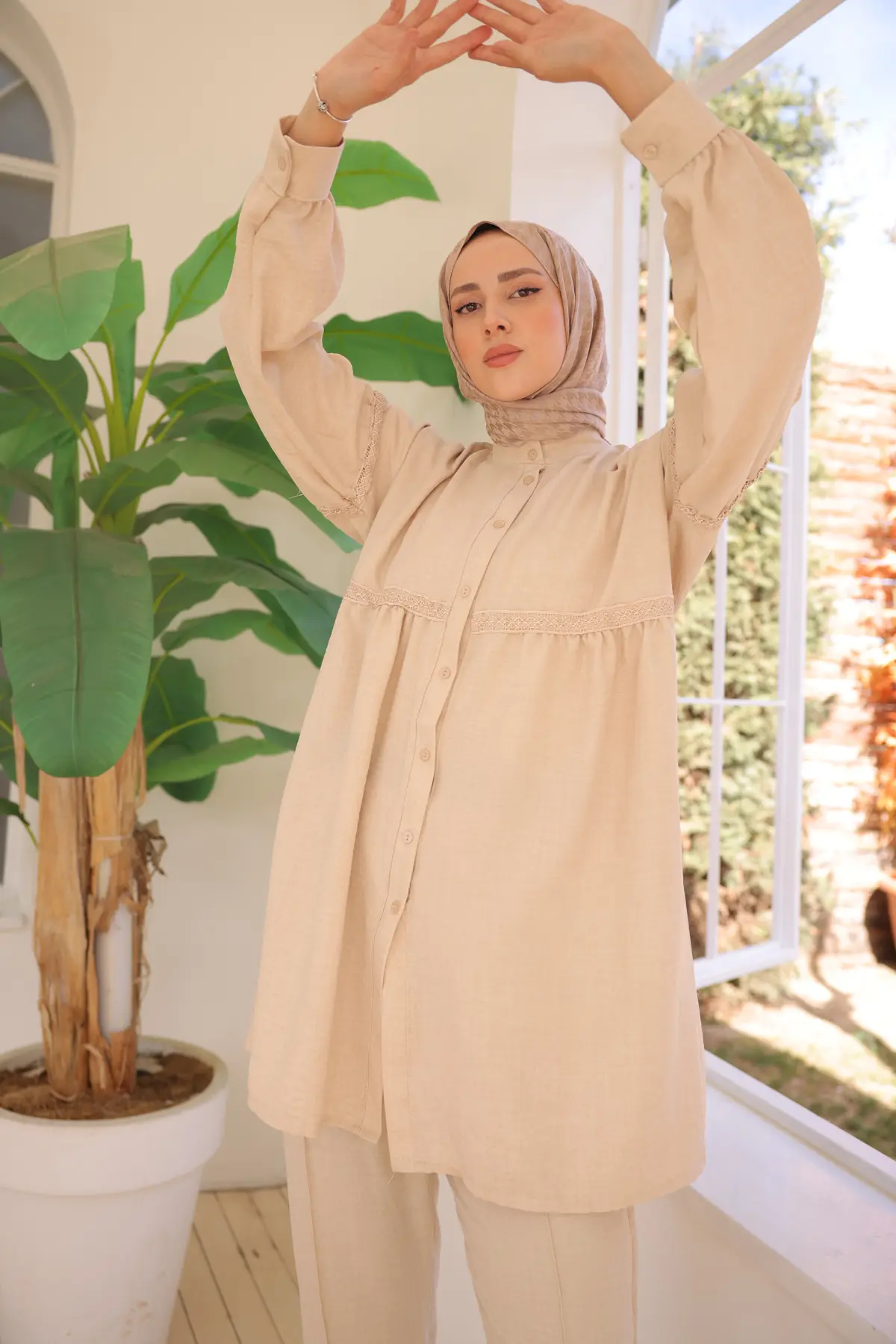 3350 Önden Düğmeli İkili Takım Bej-detail