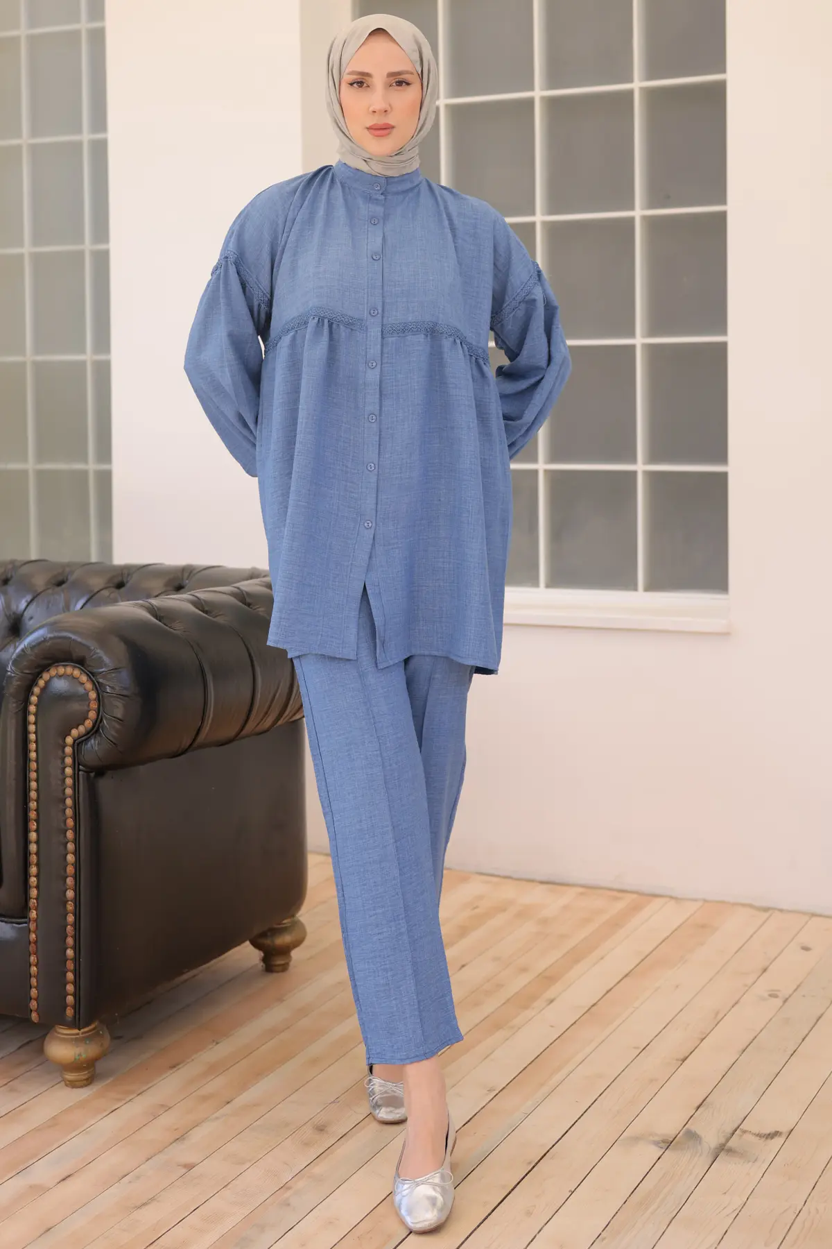 3350 Önden Düğmeli İkili Takım İndigo-detail