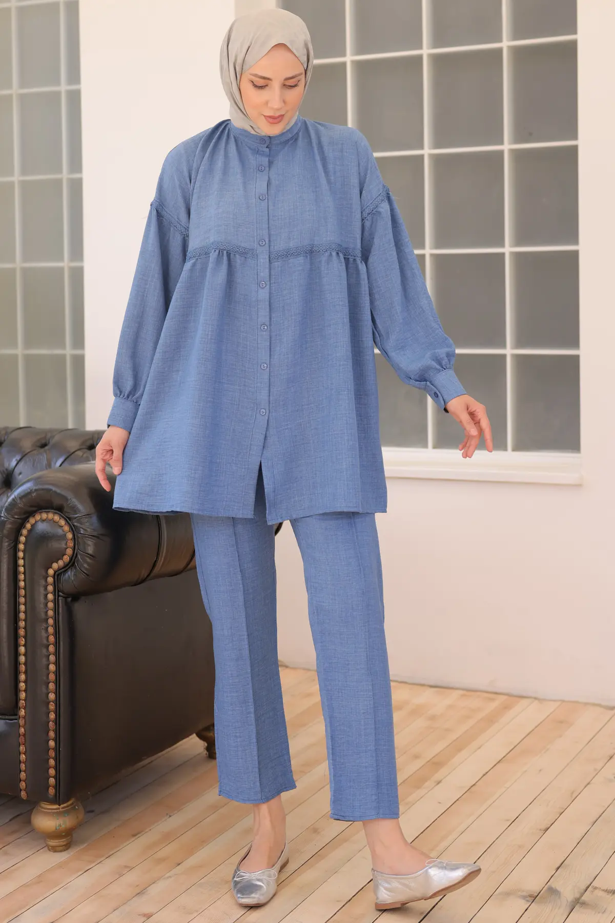 3350 Önden Düğmeli İkili Takım İndigo-detail