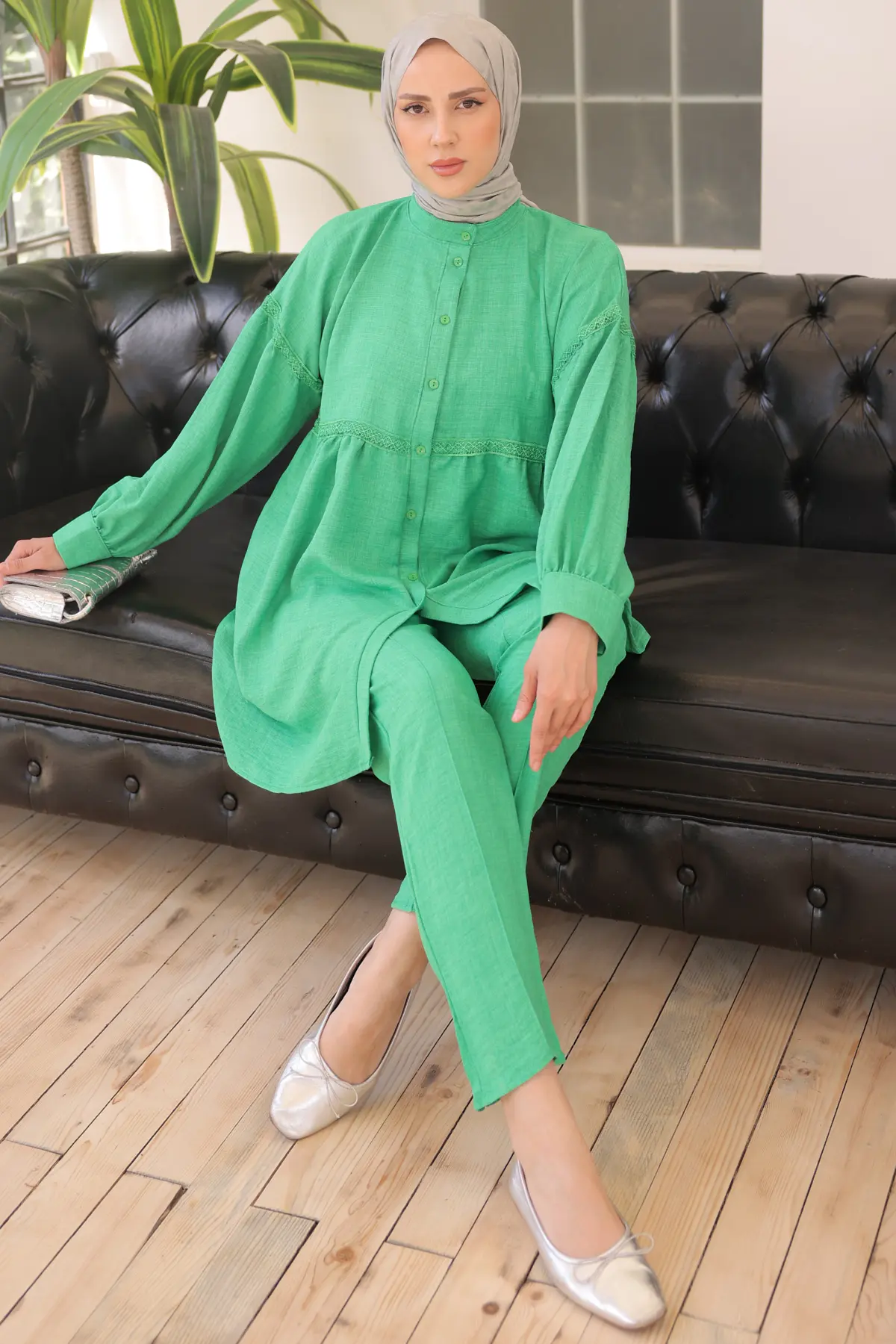 3350 Önden Düğmeli İkili Takım Yeşil-detail