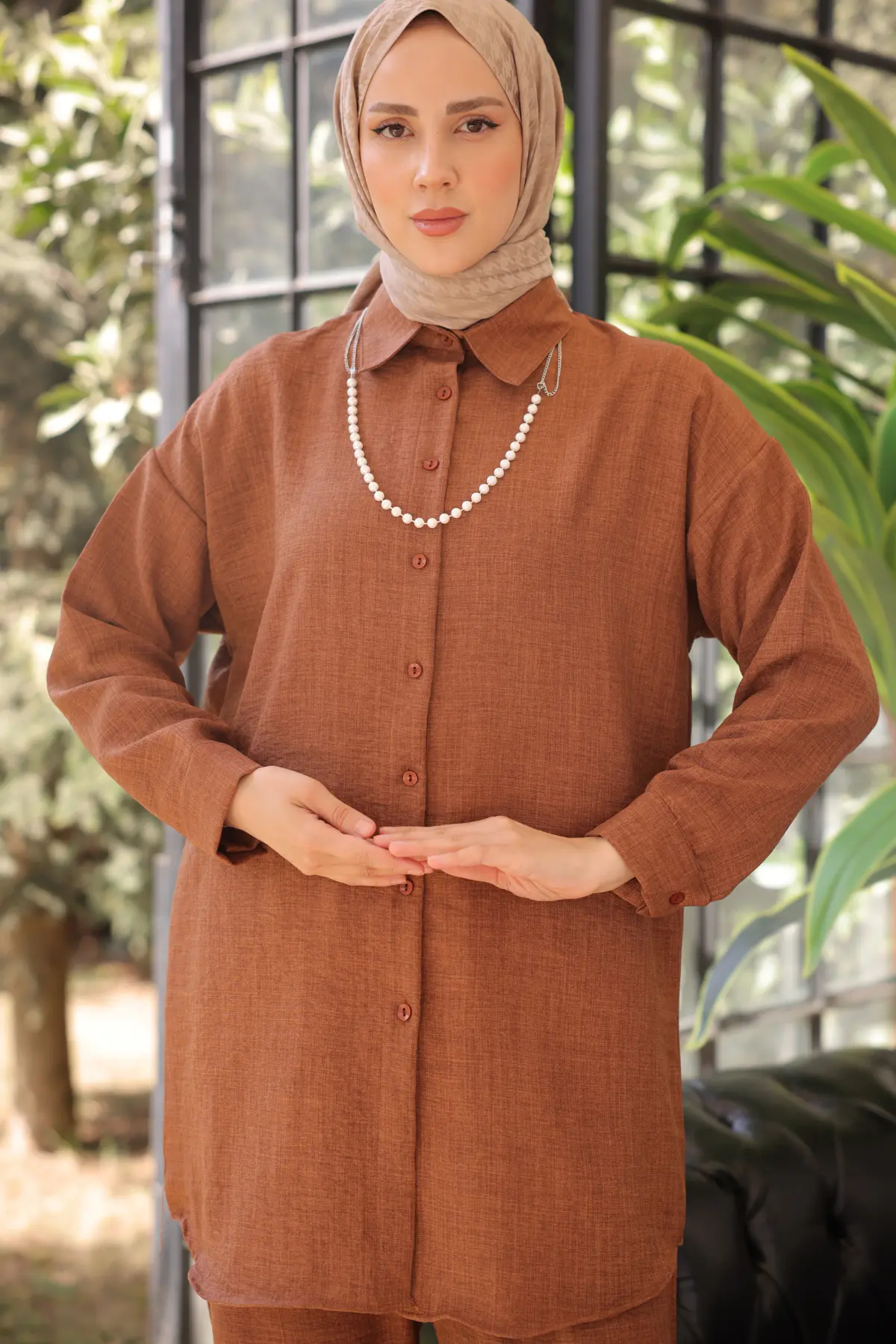 3354 İnci Kolyeli İkili Takım Kahverengi-detail