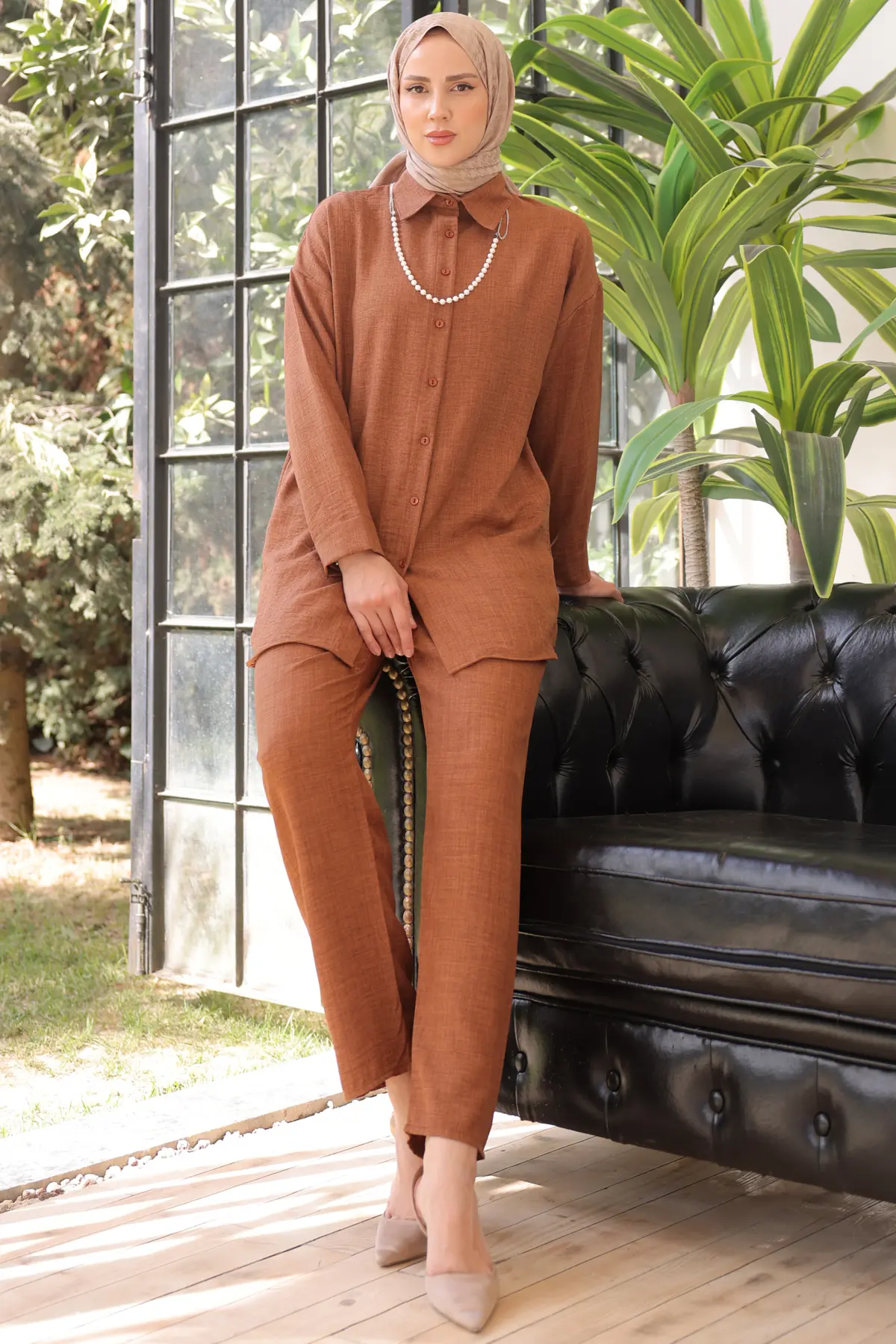 3354 İnci Kolyeli İkili Takım Kahverengi-detail