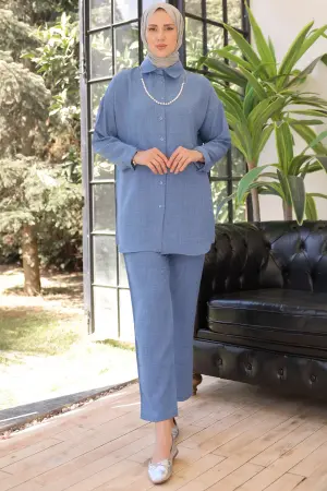 3354 İnci Kolyeli İkili Takım Mavi