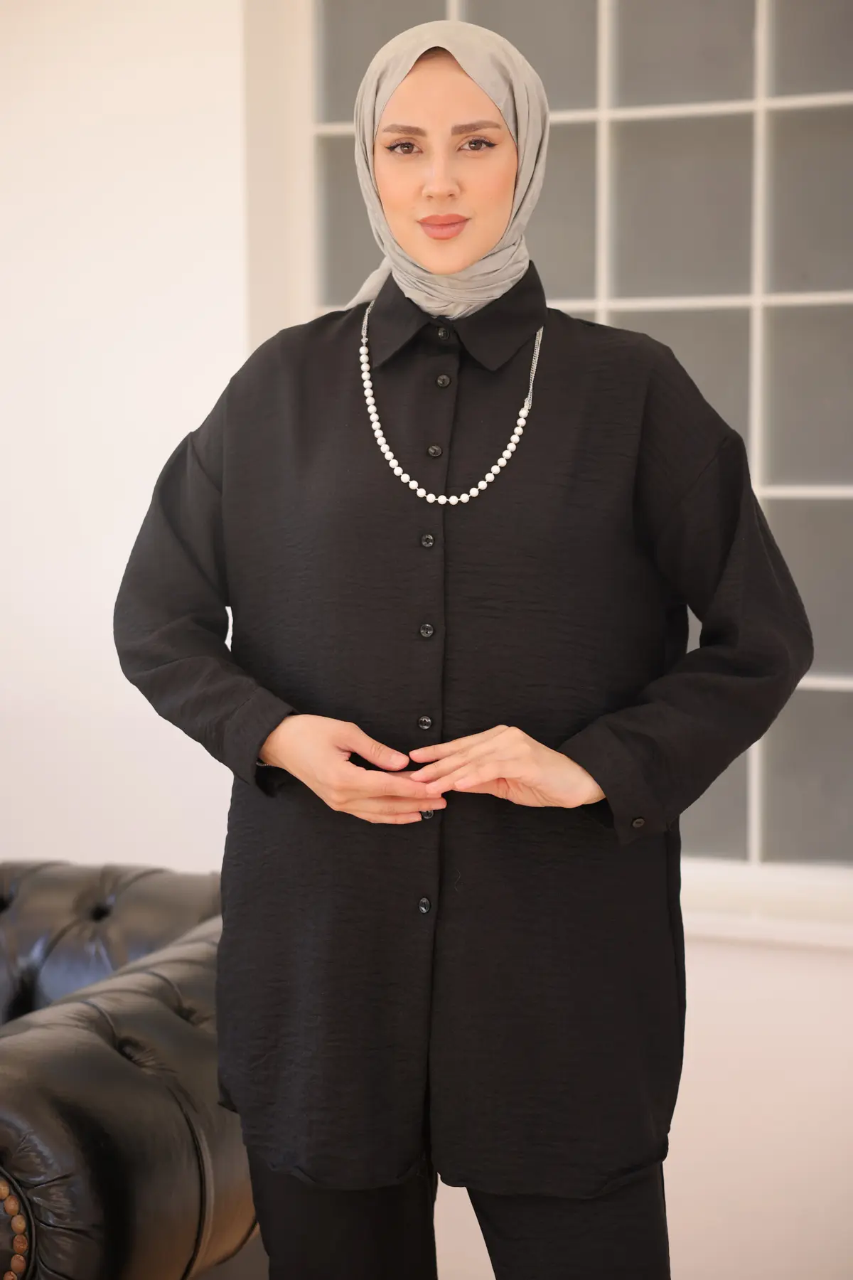 3354 İnci Kolyeli İkili Takım Siyah-detail