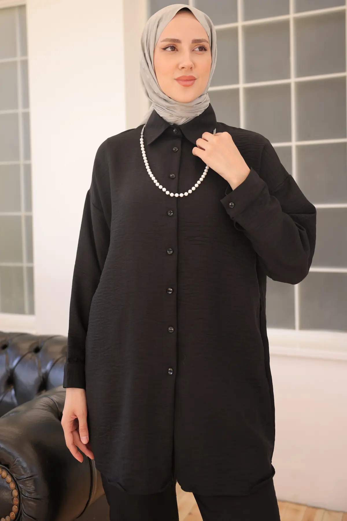 3354 İnci Kolyeli İkili Takım Siyah-detail