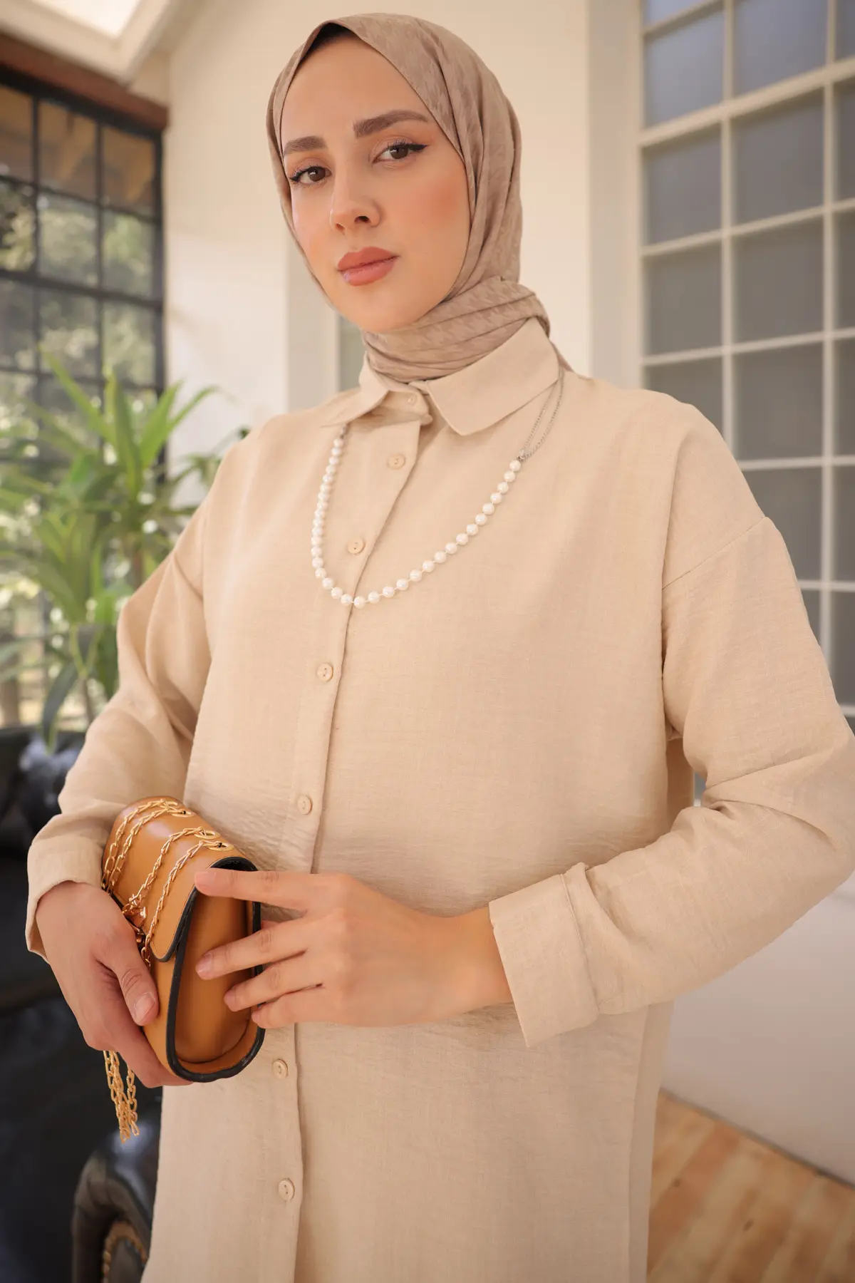 3354 İnci Kolyeli İkili Takım Taş Rengi-detail