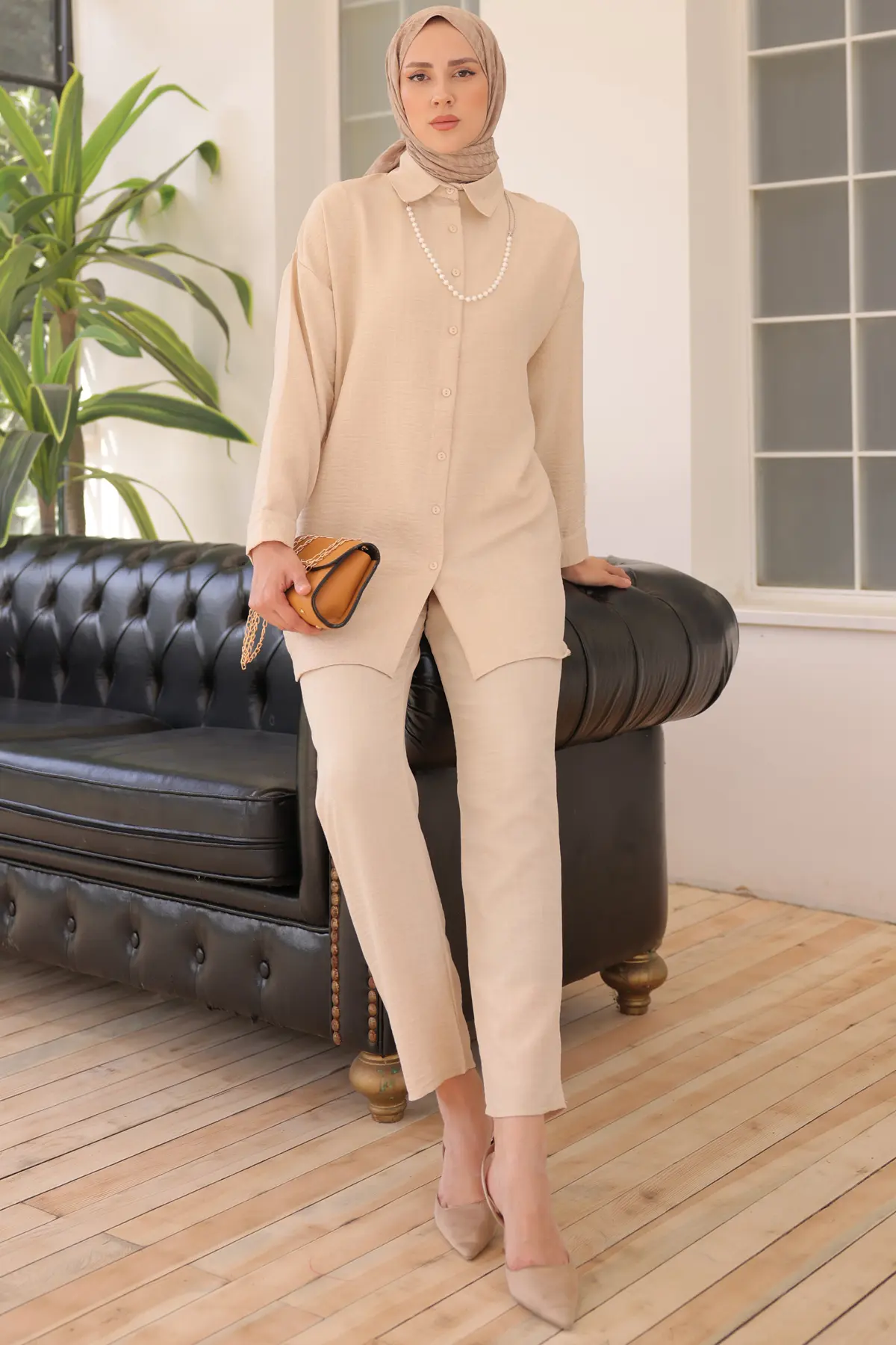 3354 İnci Kolyeli İkili Takım Taş Rengi-detail