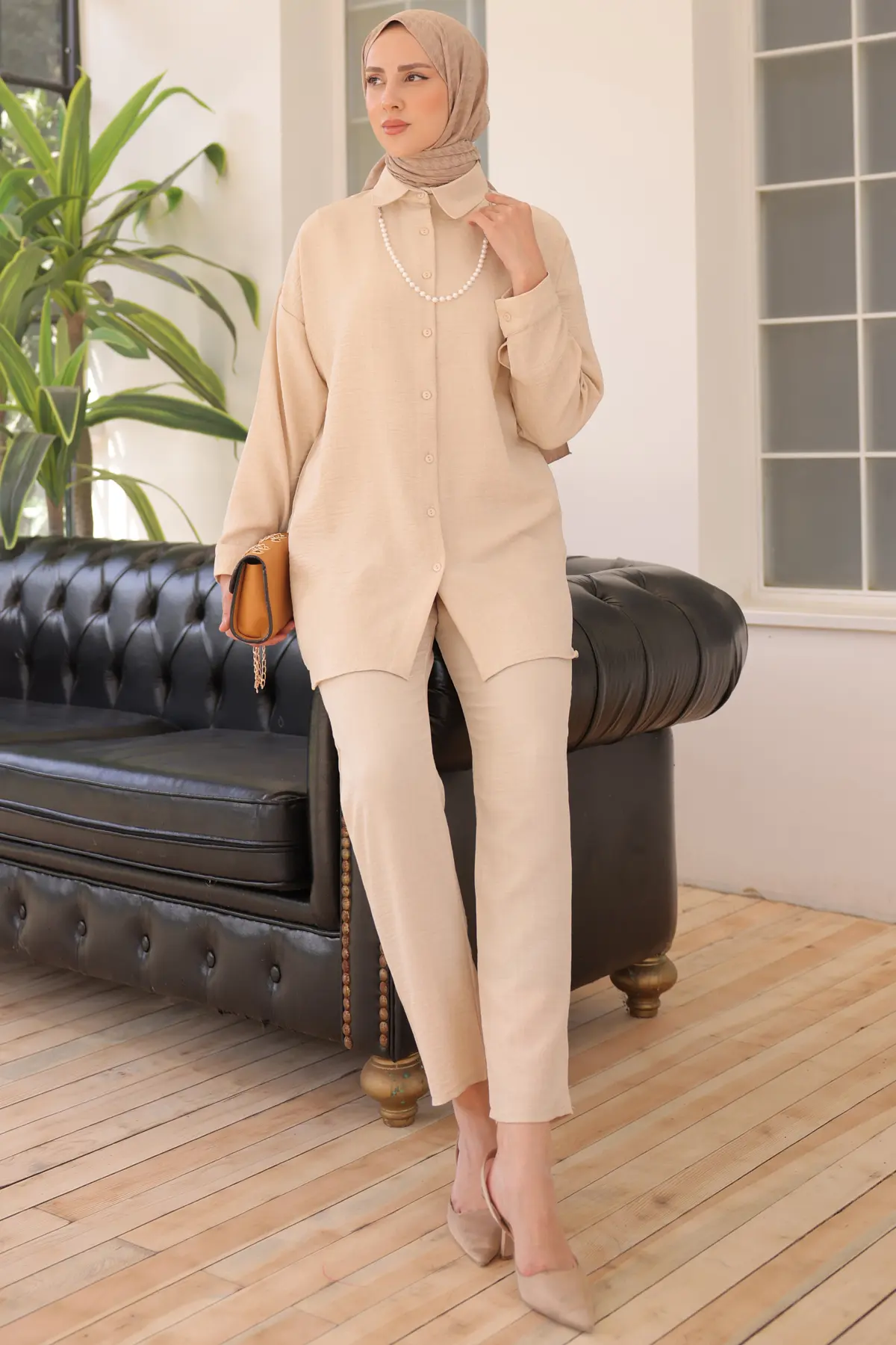 3354 İnci Kolyeli İkili Takım Taş Rengi-detail