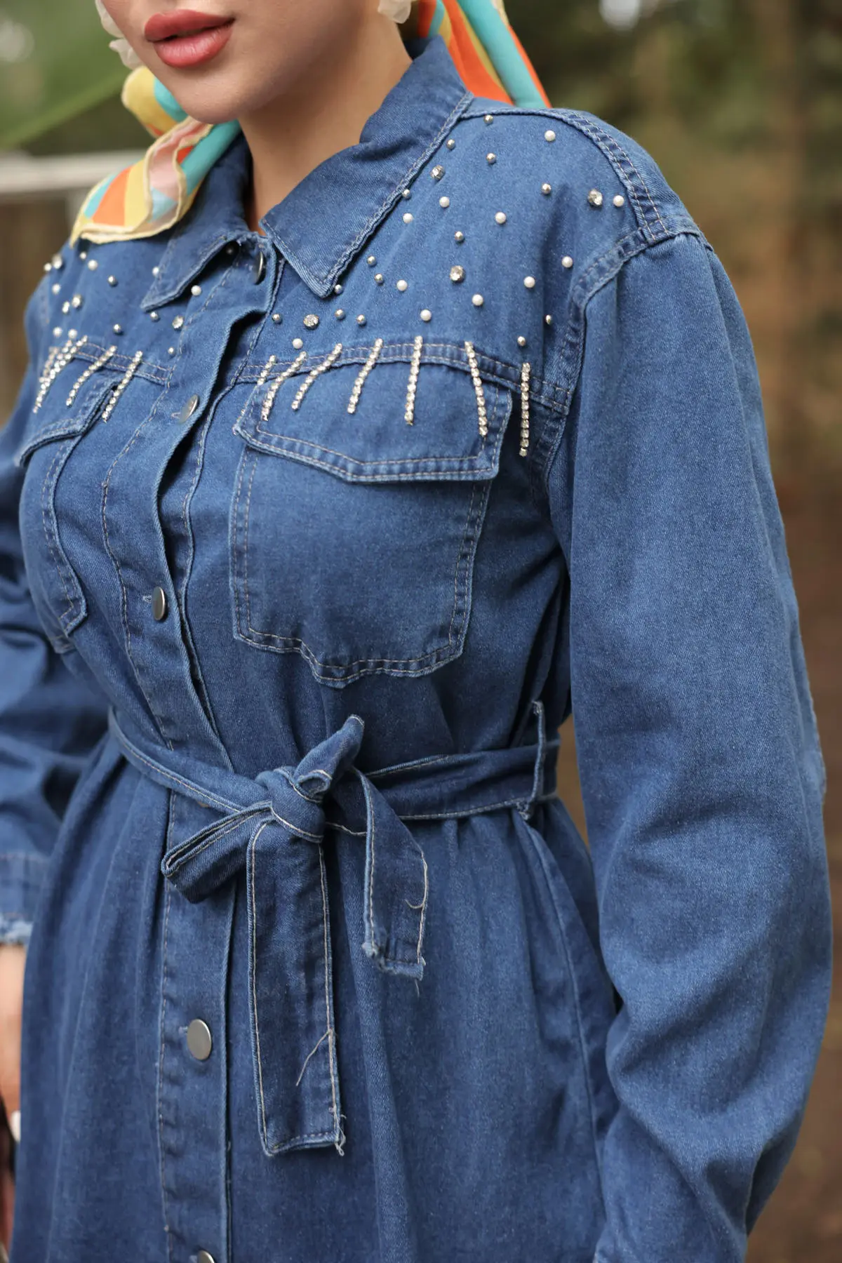 Stone Embroidered Belted Denim Suit-detail