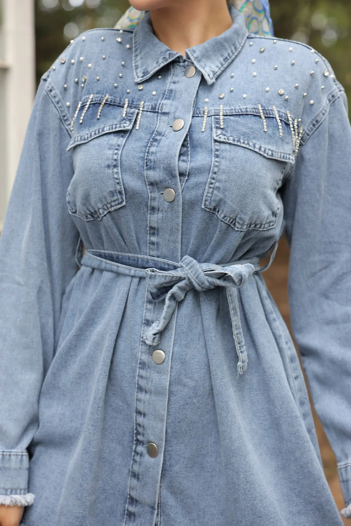 Stone Embroidered Belted Denim Suit-detail