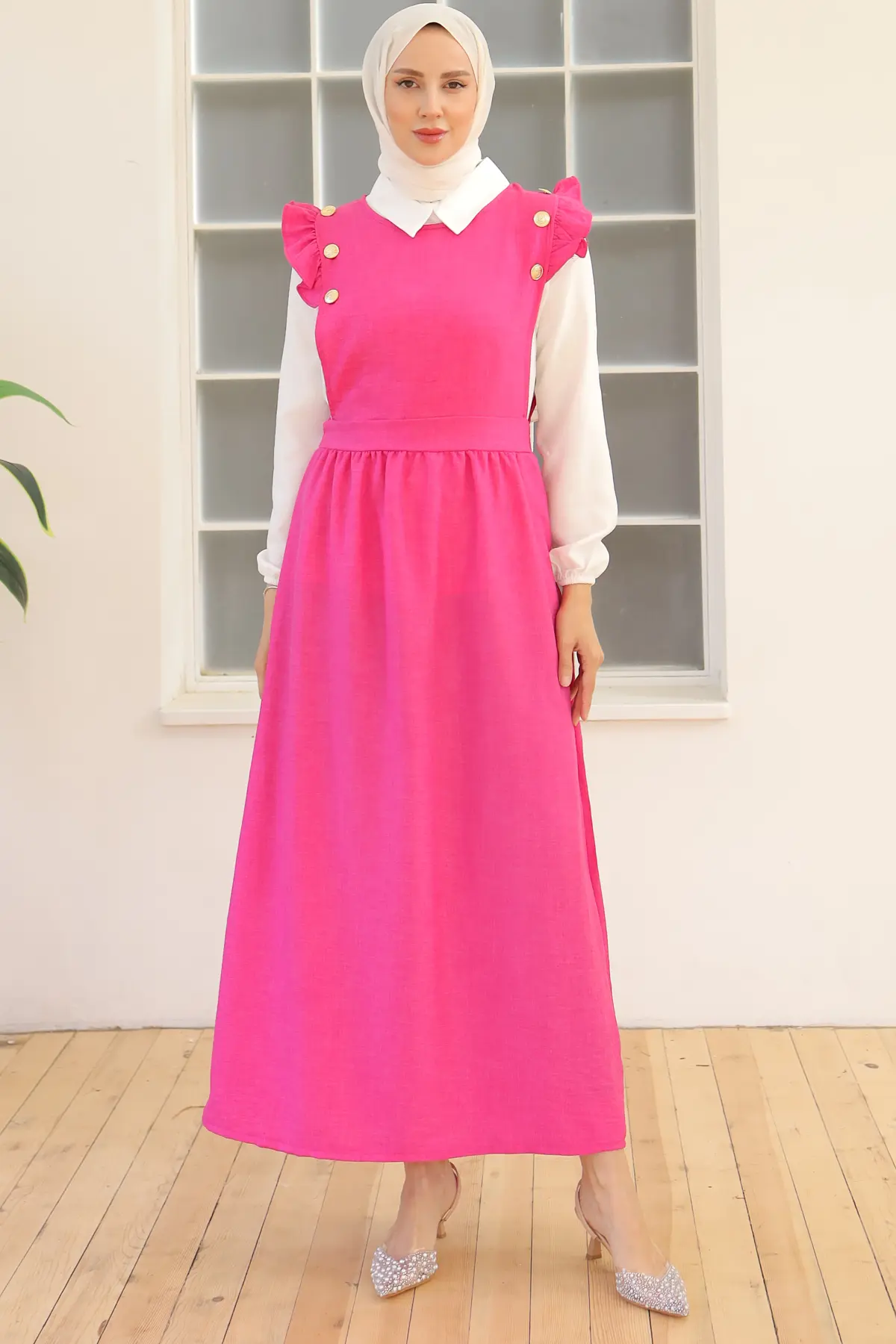 3852 Düğme Detaylı İkili Elbise Fuşya-detail