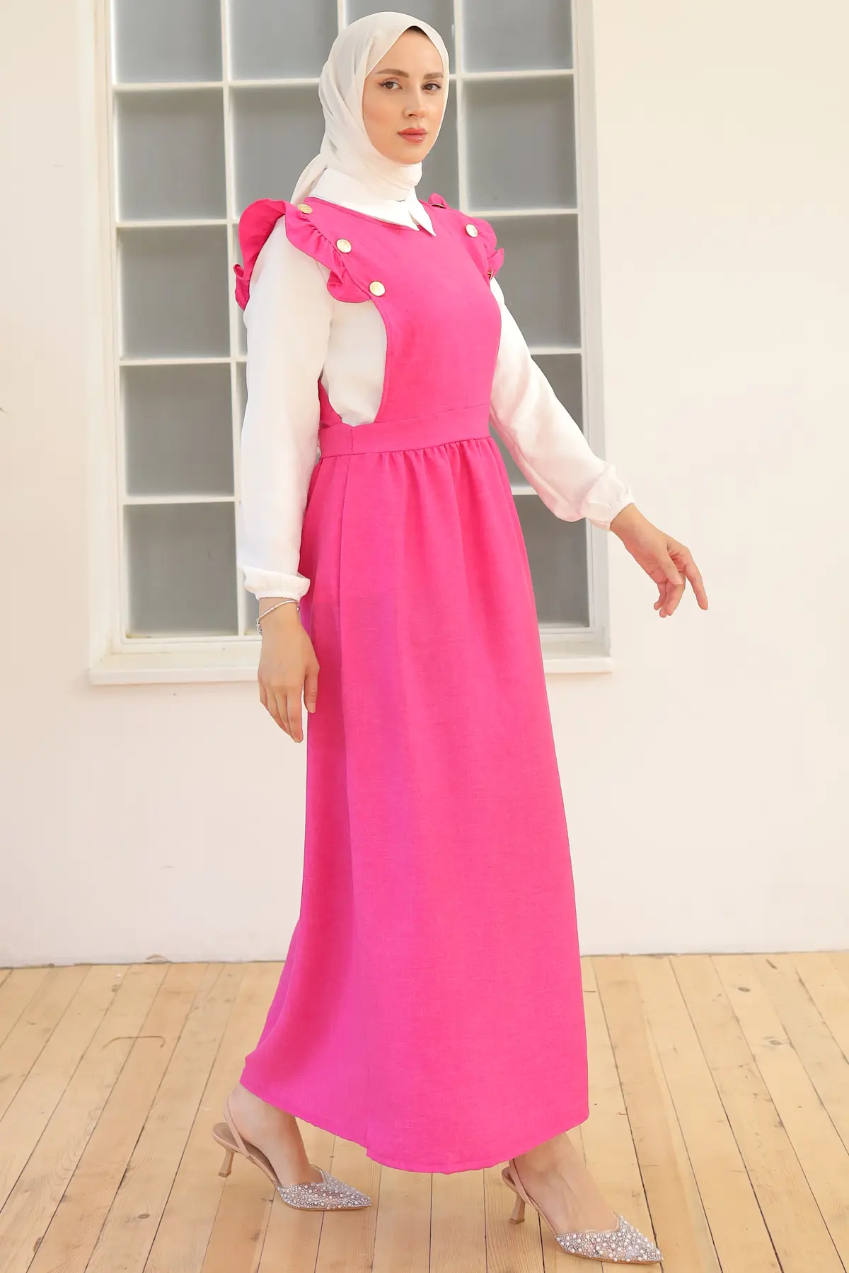 3852 Düğme Detaylı İkili Elbise Fuşya-detail