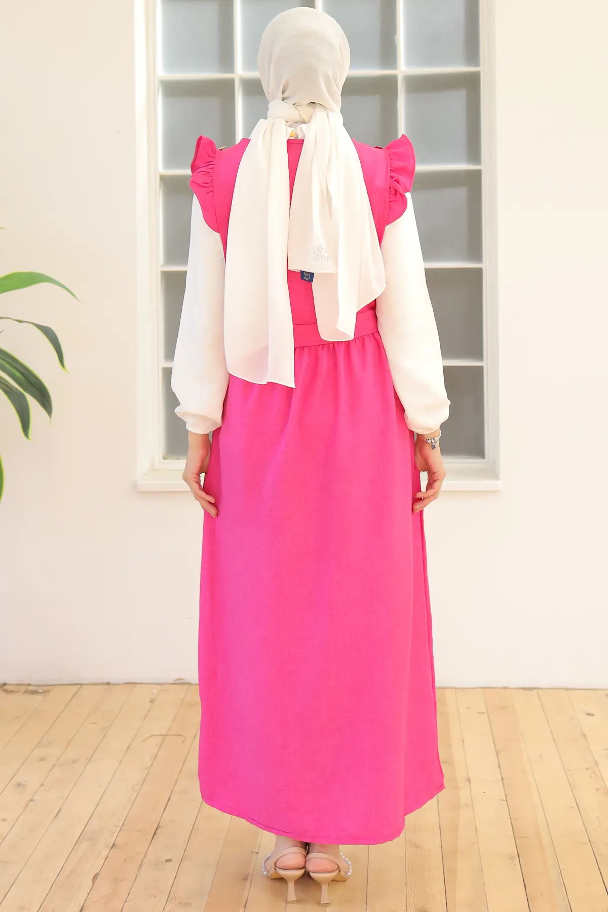 3852 Düğme Detaylı İkili Elbise Fuşya-detail