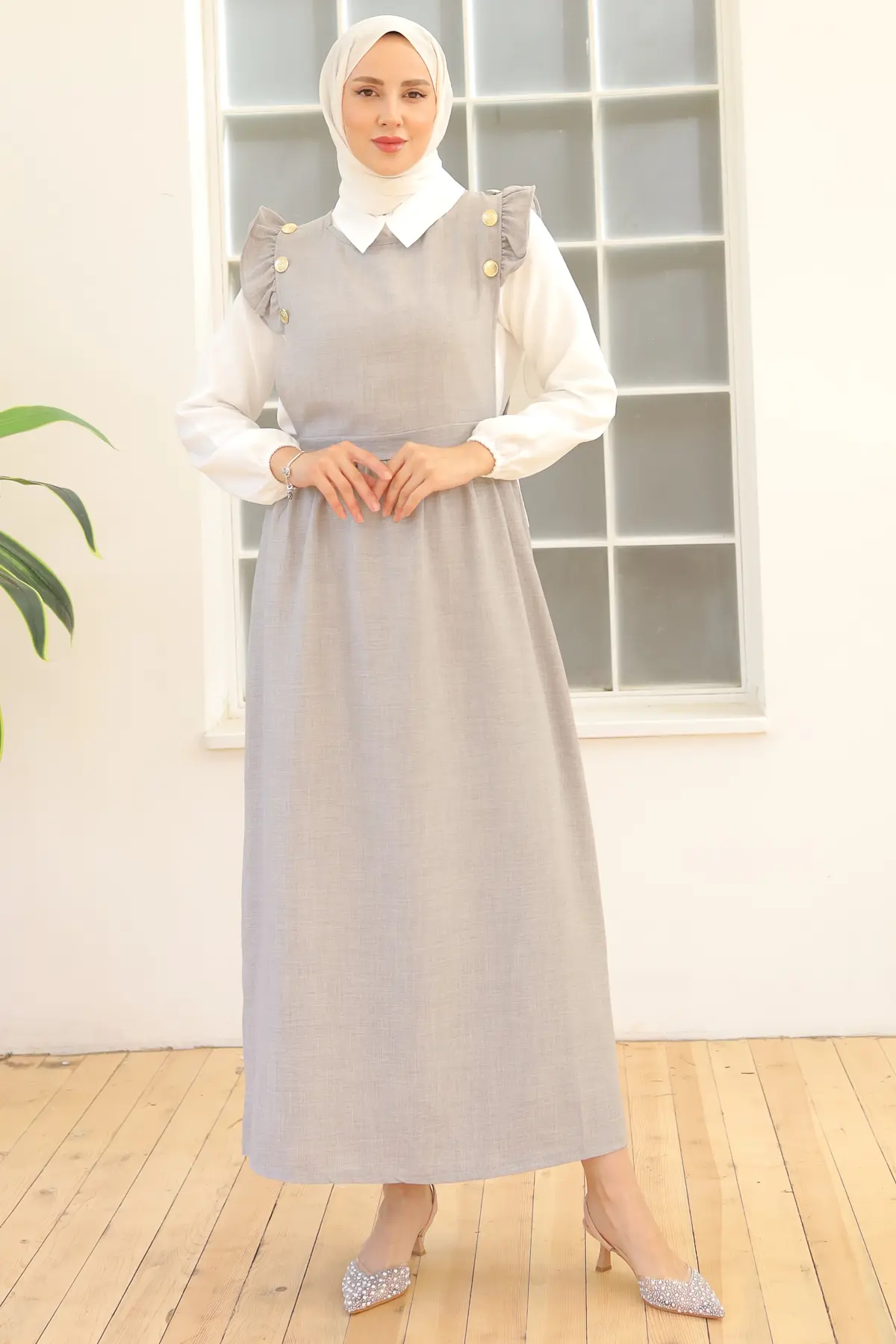 3852 Düğme Detaylı İkili Elbise Gri-detail