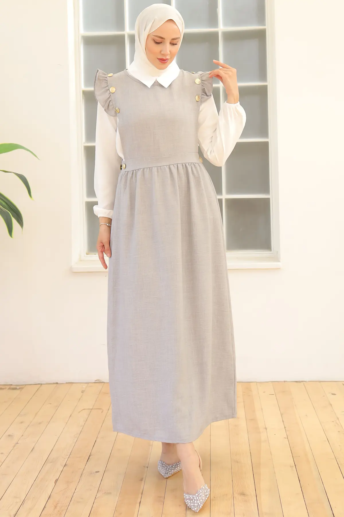 3852 Düğme Detaylı İkili Elbise Gri-detail