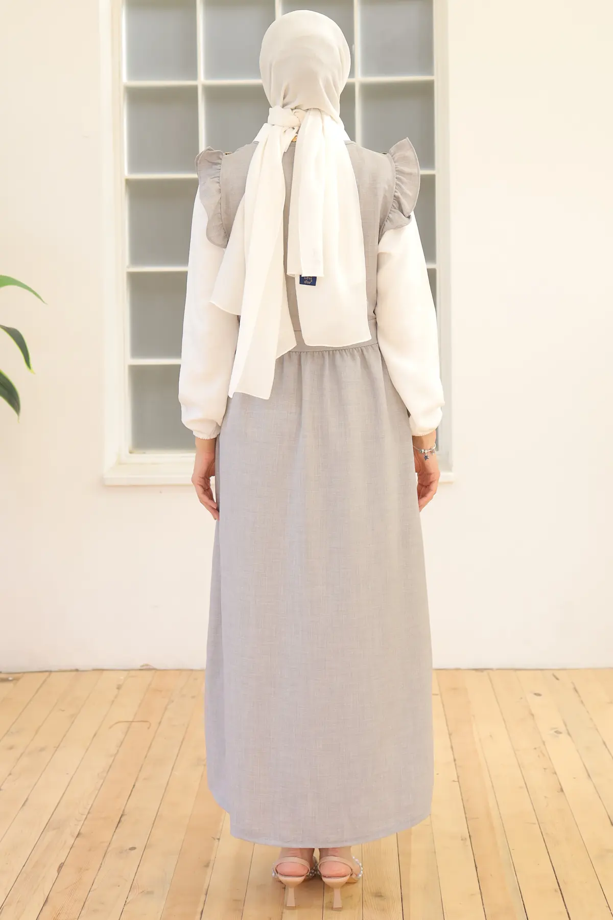 3852 Düğme Detaylı İkili Elbise Gri-detail