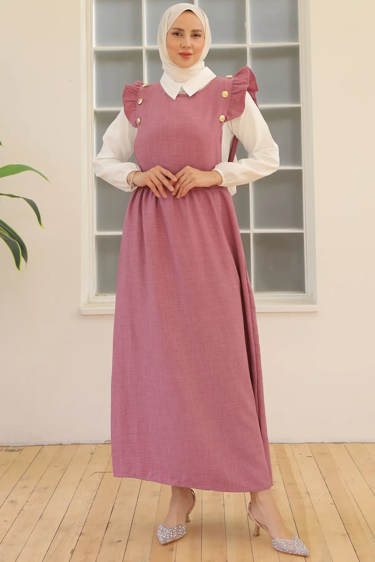 3852 Düğme Detaylı İkili Elbise Gül Kurusu-detail