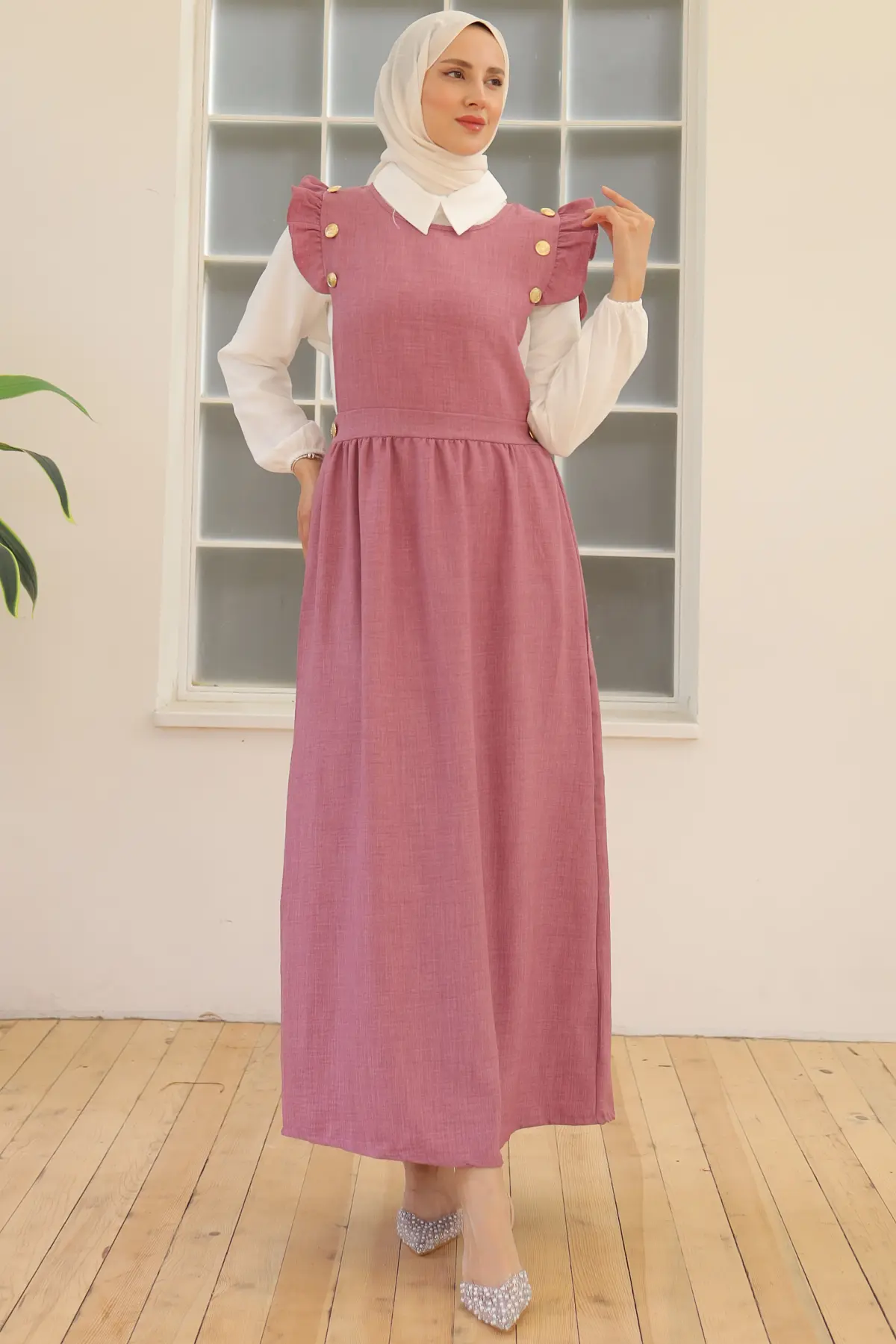 3852 Düğme Detaylı İkili Elbise Gül Kurusu-detail