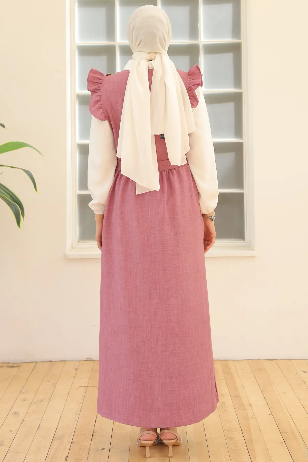 3852 Düğme Detaylı İkili Elbise Gül Kurusu-detail