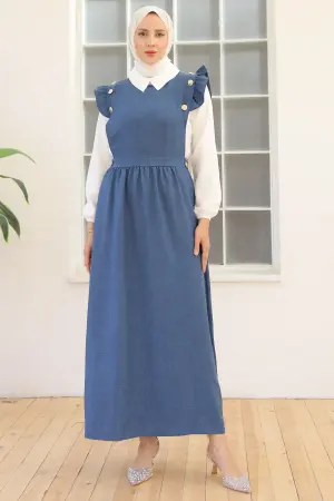 3852 Düğme Detaylı İkili Elbise İndigo