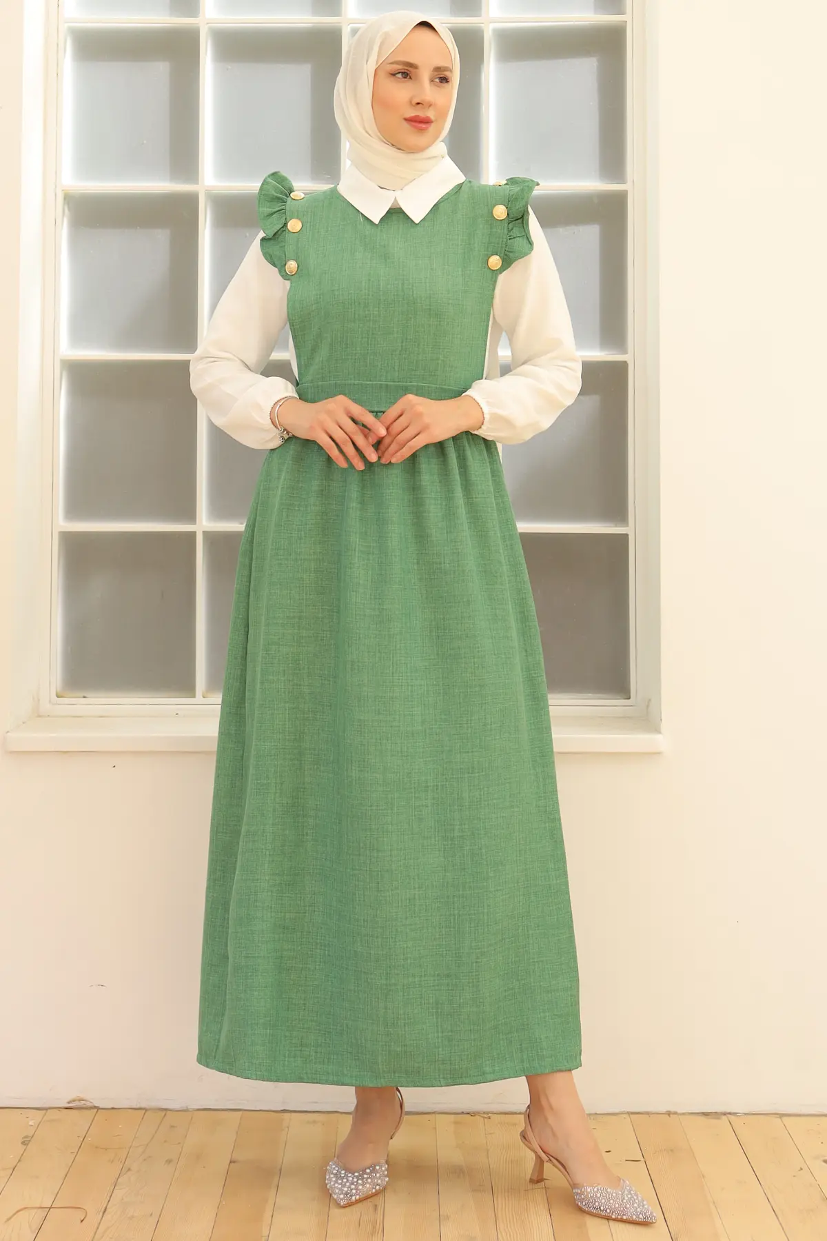 3852 Düğme Detaylı İkili Elbise Zümrüt Yeşili-detail