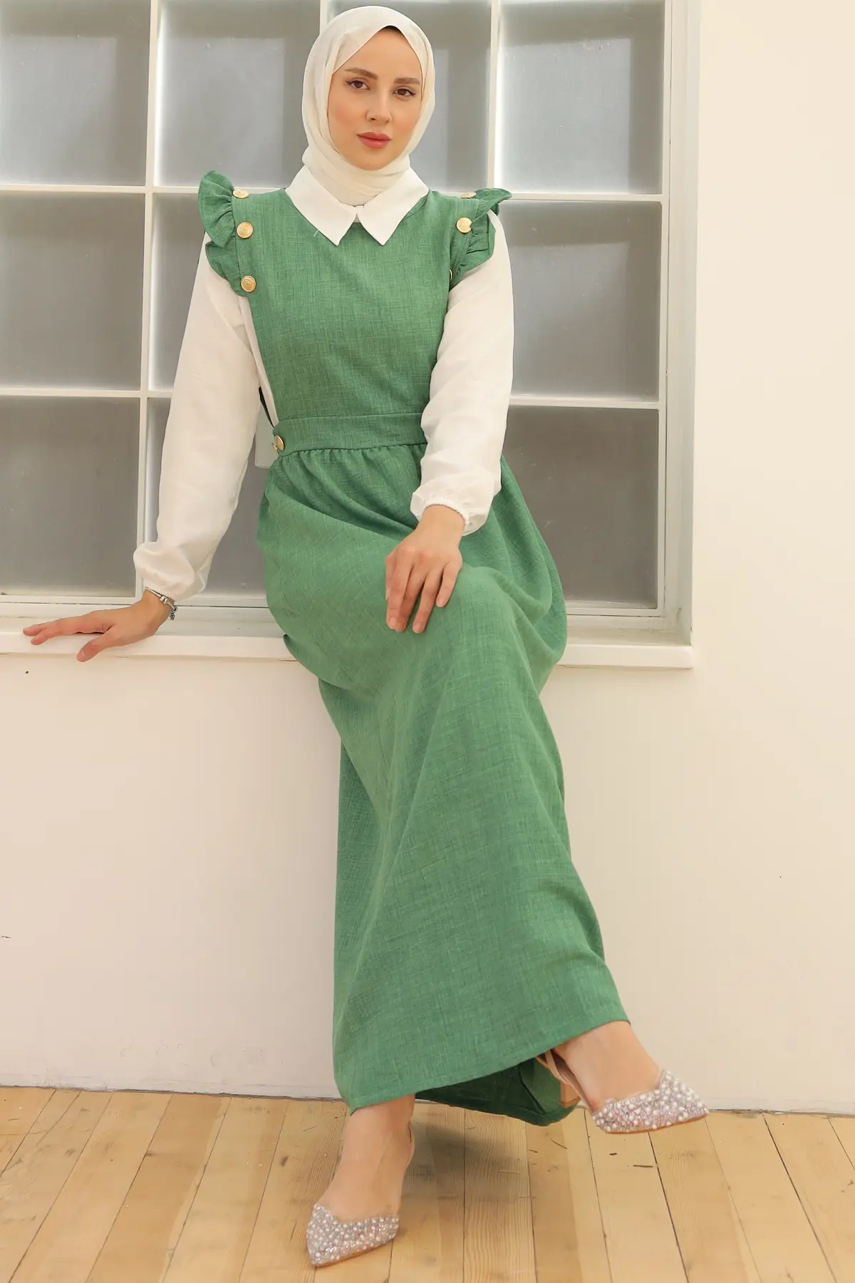 3852 Düğme Detaylı İkili Elbise Zümrüt Yeşili-detail