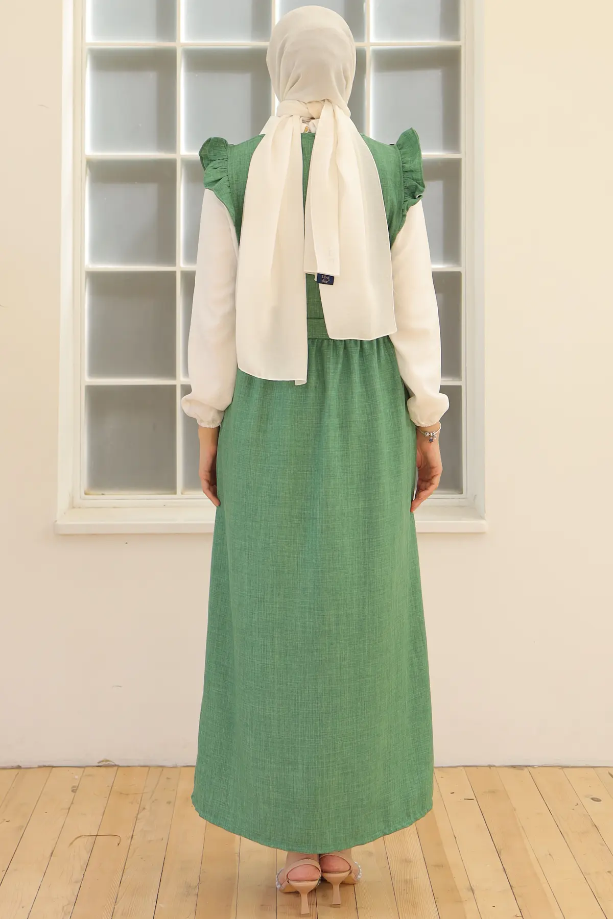 3852 Düğme Detaylı İkili Elbise Zümrüt Yeşili-detail